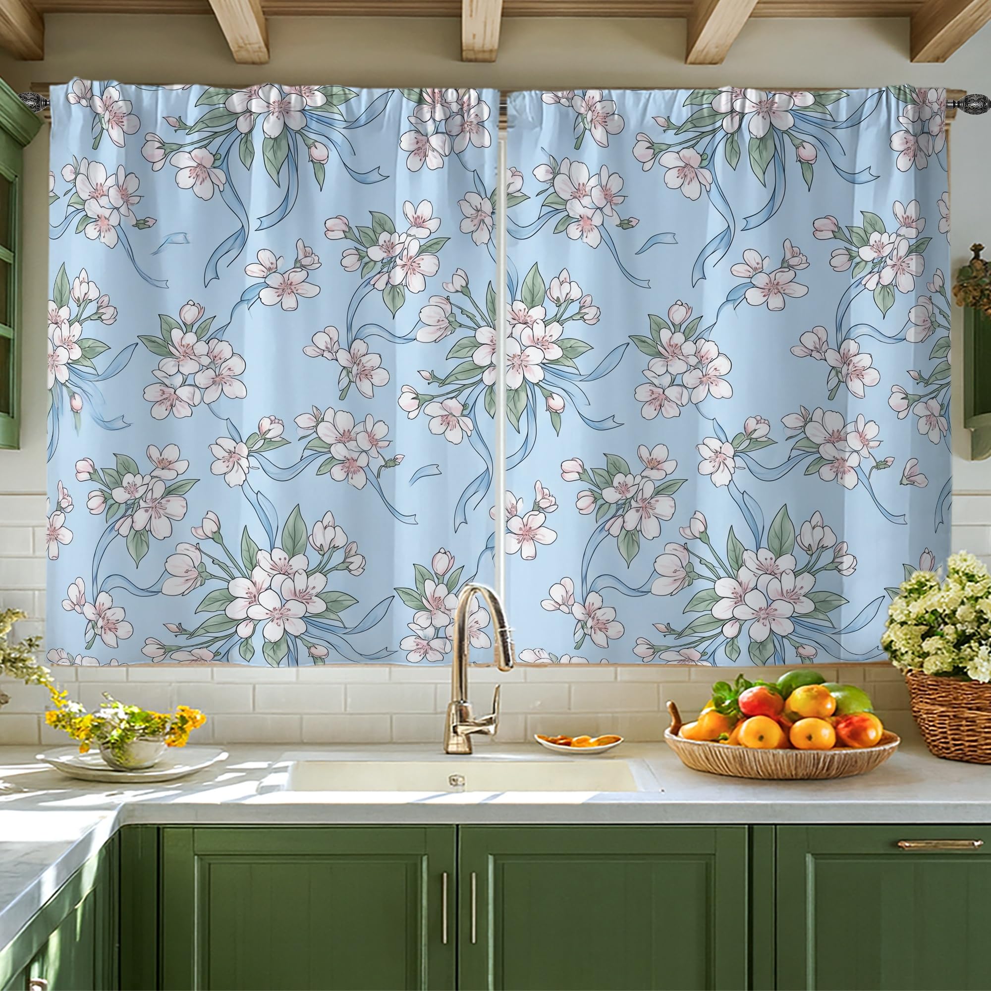 Rideaux de cuisine bleu printemps 106 x 114 cm et voilage petite fenêtre appartement