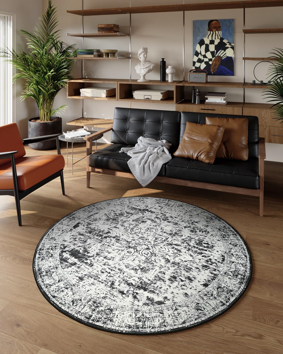 Unirea 4ft Round Grey Vintage Area Rug, Washable Non Slip Circle Bug Rug for Entryway, Kitchen, Bedroom, Bathroom, Nursery, Living Room, Thin Soft Abstract Rugs Indoor Décor, Low Pile Carpet