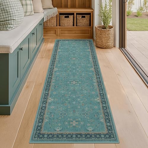 Miniatura 48 de Alfombra de Pasillo de Baño Lavable Oushak 2x5 - Floral Pastel Bohemio Ecléctico, Alfombra Pequeña Antideslizante de Pelo Bajo Resistente a Manchas