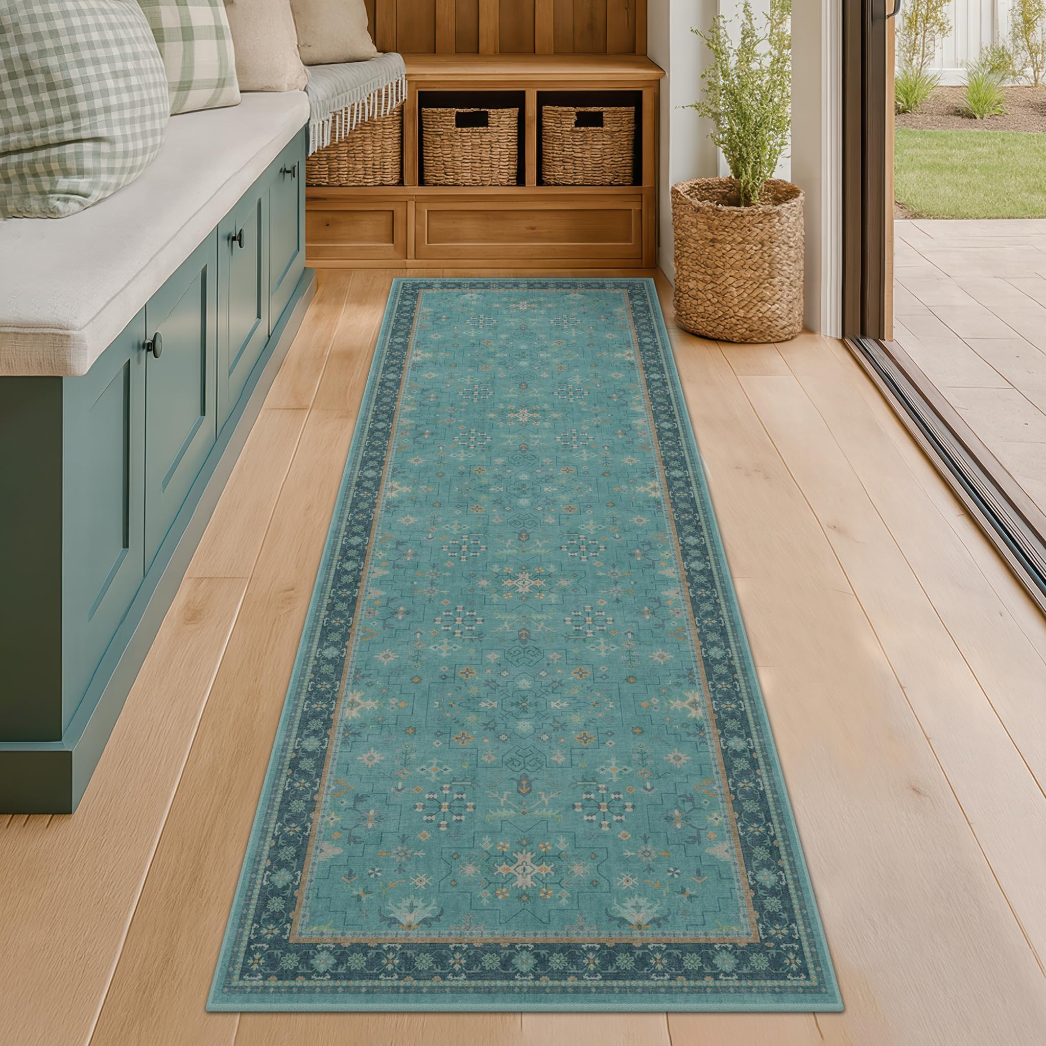 Boho 2'6"x8' Wide Hallway Runner Rugs - Teal 8ft Long Washable Door Rugs for Entryway Indoor, Non Slip with Rubber Backing, Vintage Floral Indoor Décor, Low Pile & Soft Carpet — image 1