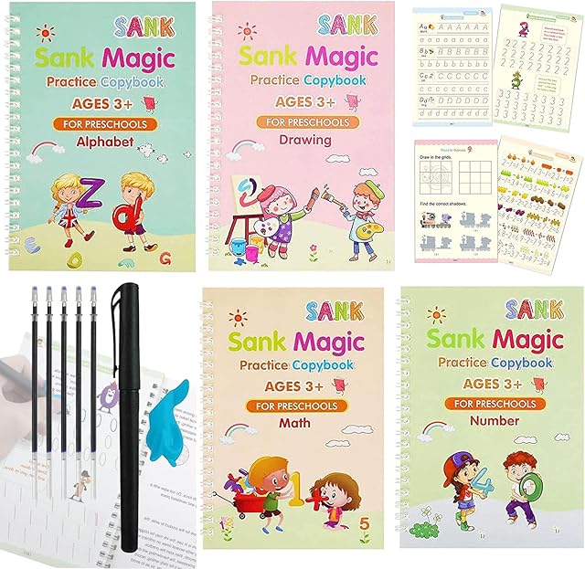 4 Pieces Magic Practice Copybook, Reusable Grooved Practice CopyBook, English Math Alphabet Drawing Tracing Handwriting Book Set for Kids, with 1 Pen 5 Refills & 1 Grips
