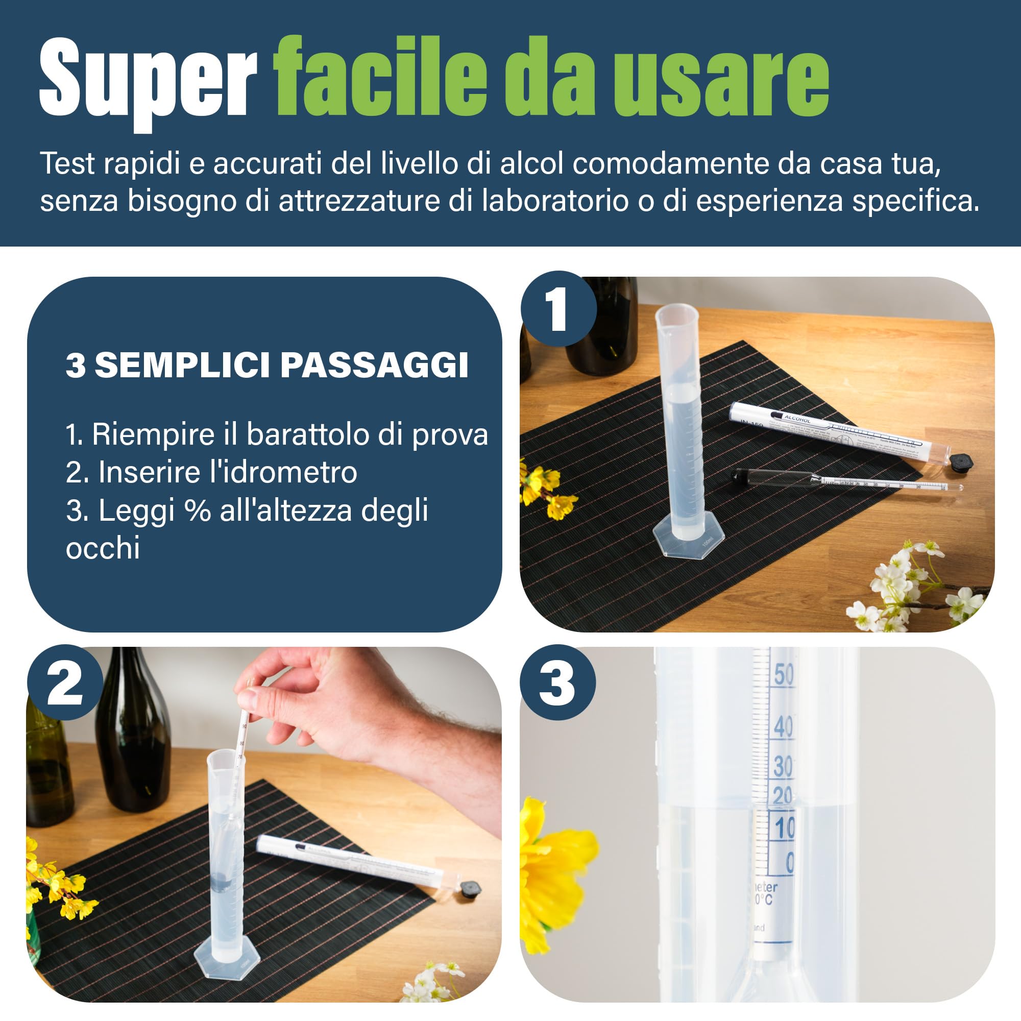 Alcolimetro per alcol e spiriti, per misurare la percentuale di alcol nei distillati (0-100%), con idrometro da 23 cm e provetta da 100 ml