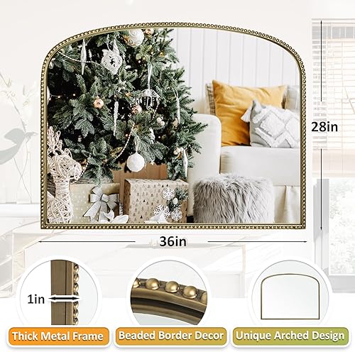 Miniatura 2 de Espejo de pared arqueado de oro antiguo, 36 x 28 pulgadas con marco de cuentas de metal, espejo decorativo para chimenea, dormitorio, sala de estar,
