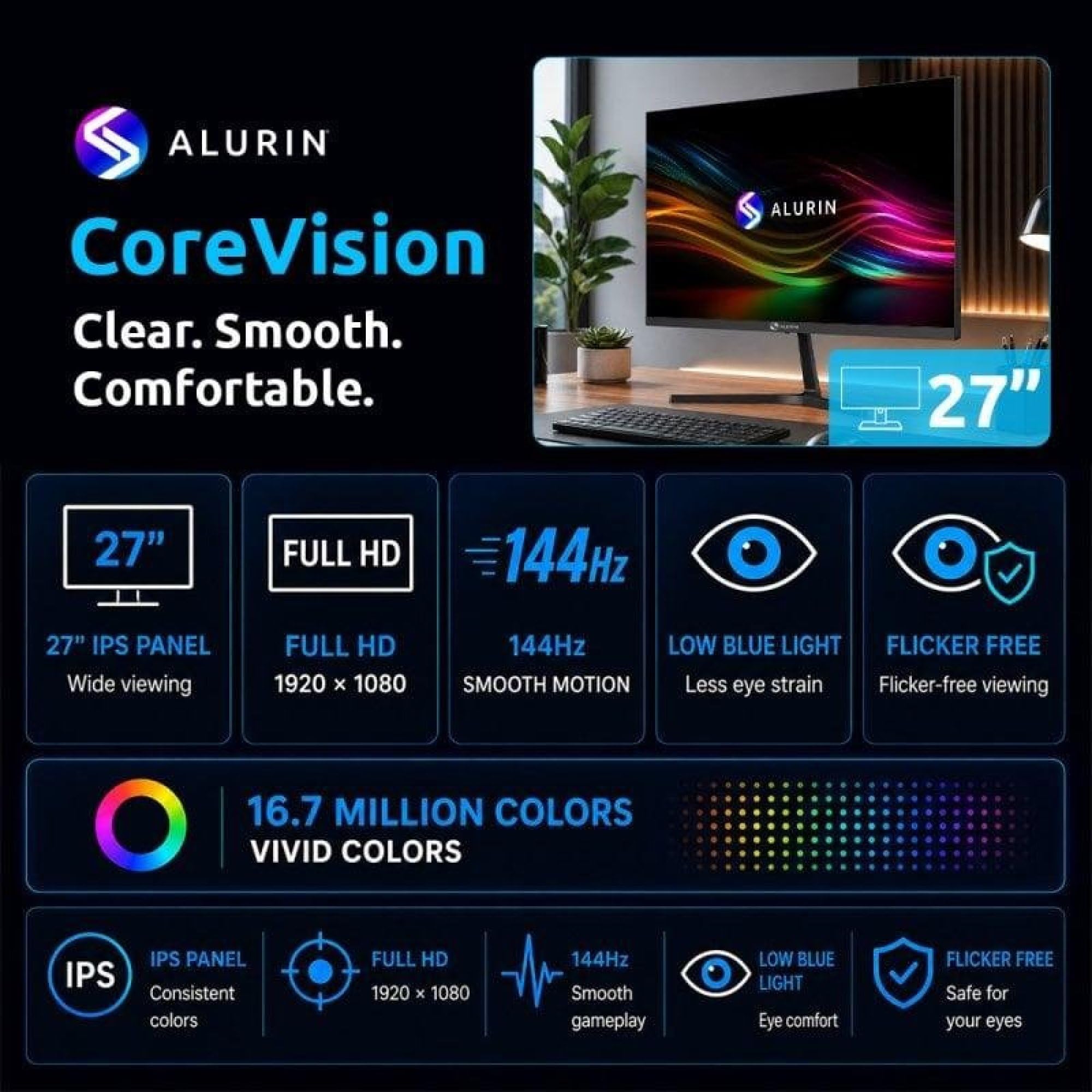 Alurin CoreVision, Moniteur Gaming 27" FHD IPS 144Hz 1ms Adaptive Sync