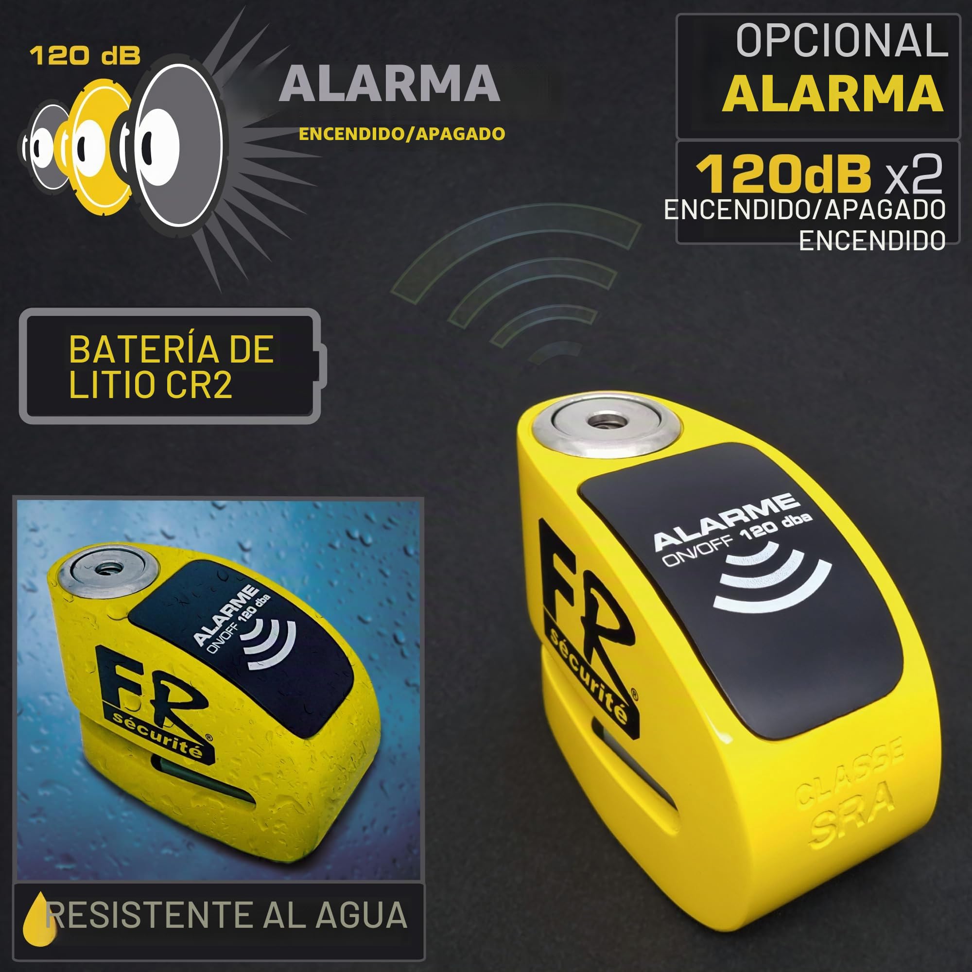 FR Sécurité FR410Y Candado Moto Disco Homologado SRA, Más Disuasorio, Alarma ON/Off 120dB Opcional, Mas Disuasorio, Cerradura Alta Seguridad, Bloqueo Pinza Antirrobo Freno para Motocicleta Scooter