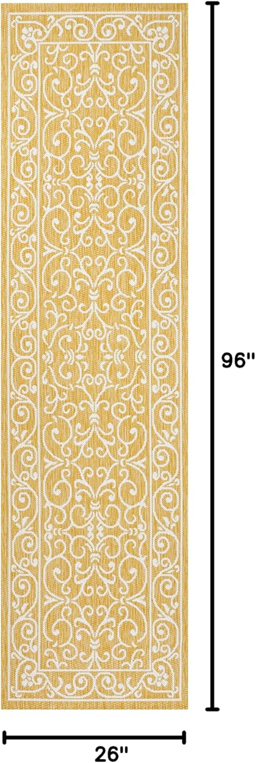 Eyely BMS106L-28 Santa Monica Charleston Vintage Filigree Textured Weave Indoor/Outdoor Runner Rug Classic, Bedroom, Kitchen, Backyard, Patio, Easy-Cleaning, Non-Shedding, 2 X 8, Yellow/Cream