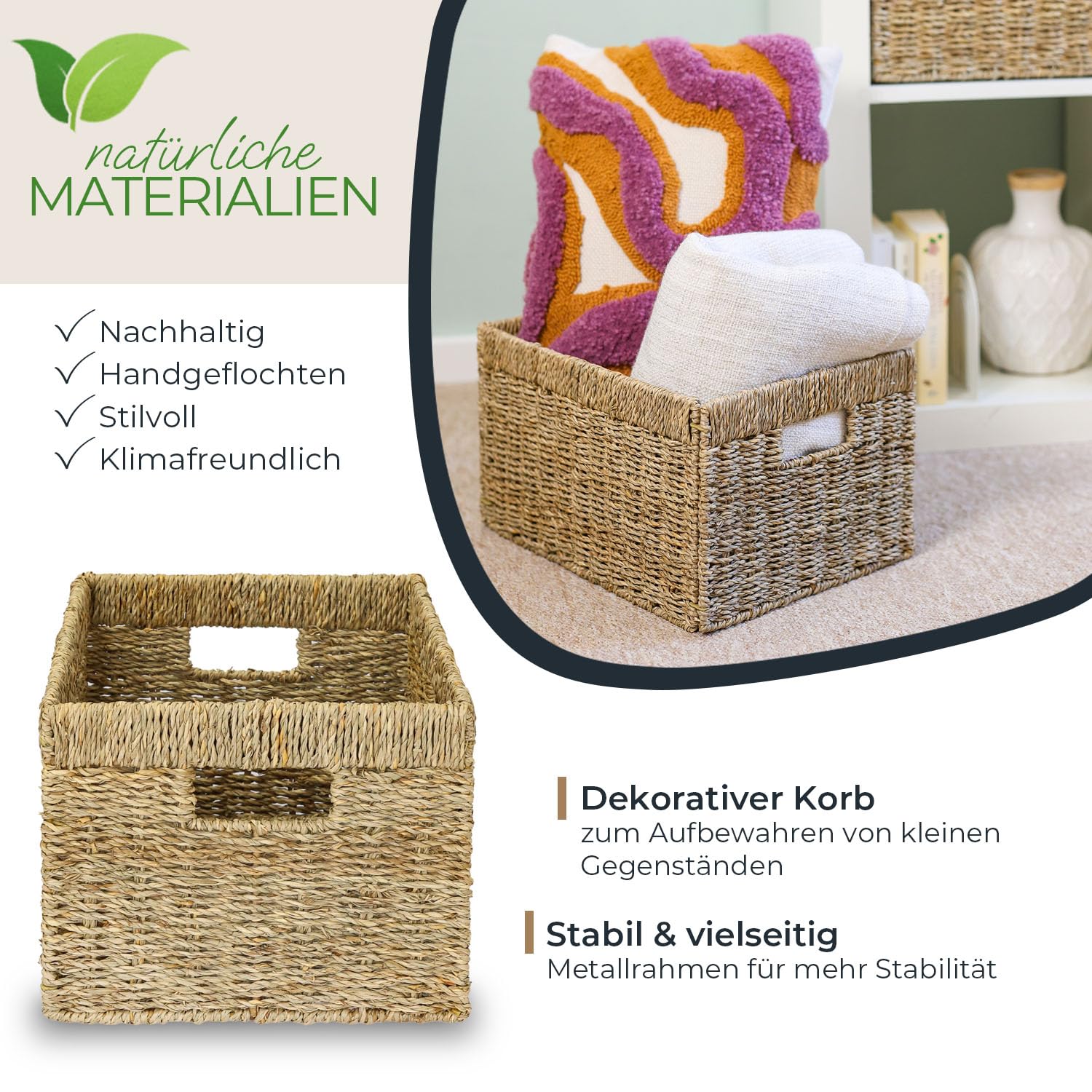 HMF Aufbewahrungskorb passend für Billy Regal, Korb geflochten aus Seegras mit drei Griffen 4er Set | 35 x 25 x 20 cm | Natur