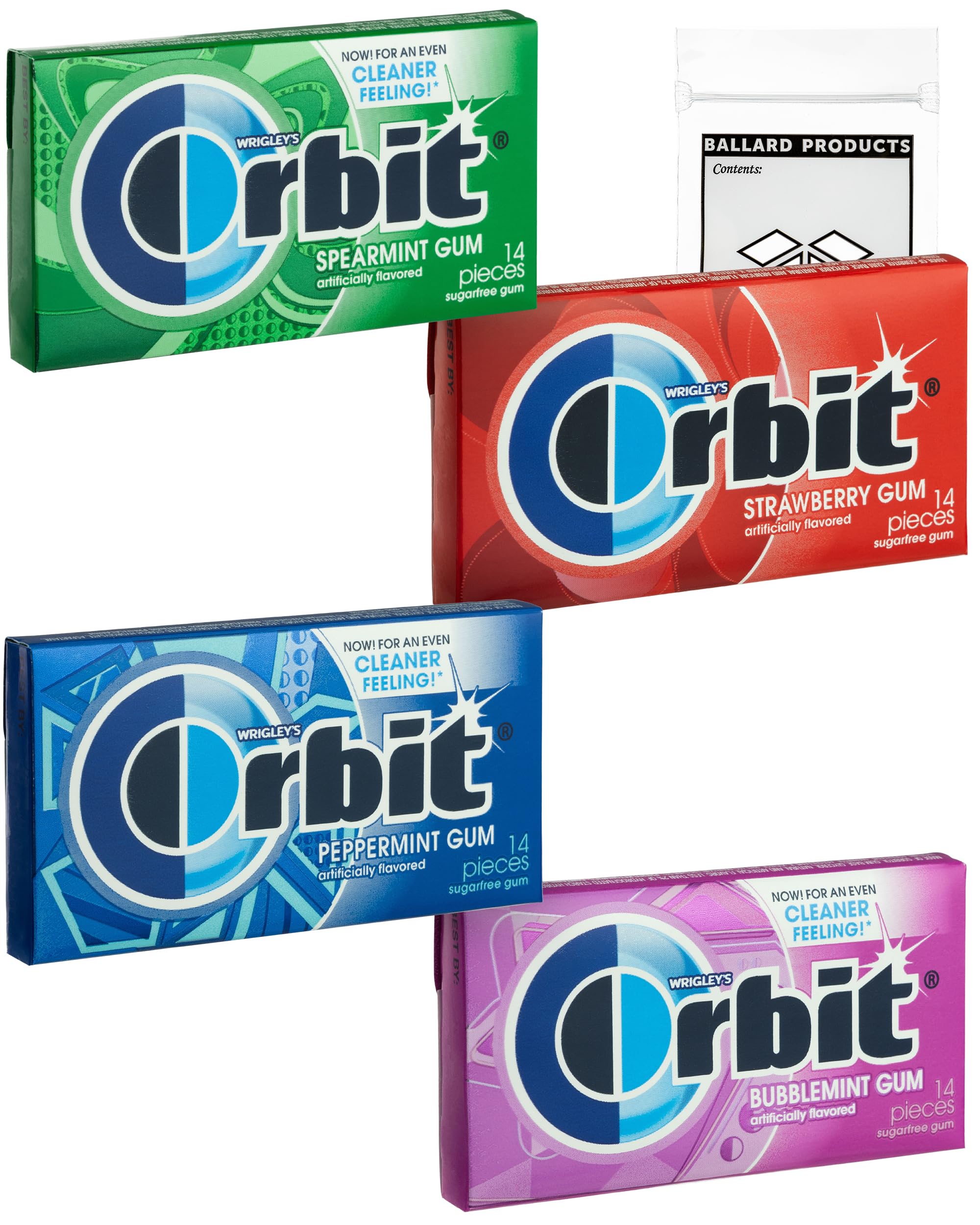 Orbit Gum Variety Pack - Assorted Gum Pack of 4 Flavors - Peppermint, Spearmint, Strawberry, and Bubblemint - Classic Chewing Gum Flavors - Bundle with Ballard Products Pocket Bag