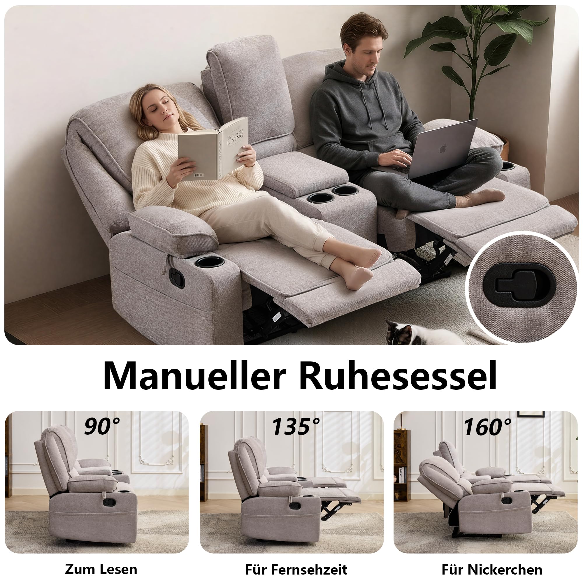 2er Kinosessel Relaxsessel mit Liegefunktion, 2 Sitzer Fernsehsessel TV Sessel mit Konsole, 4 Getränkehalter Cupholder, zweisitzer Sofa für Wohnzimmer (Hellgrau)