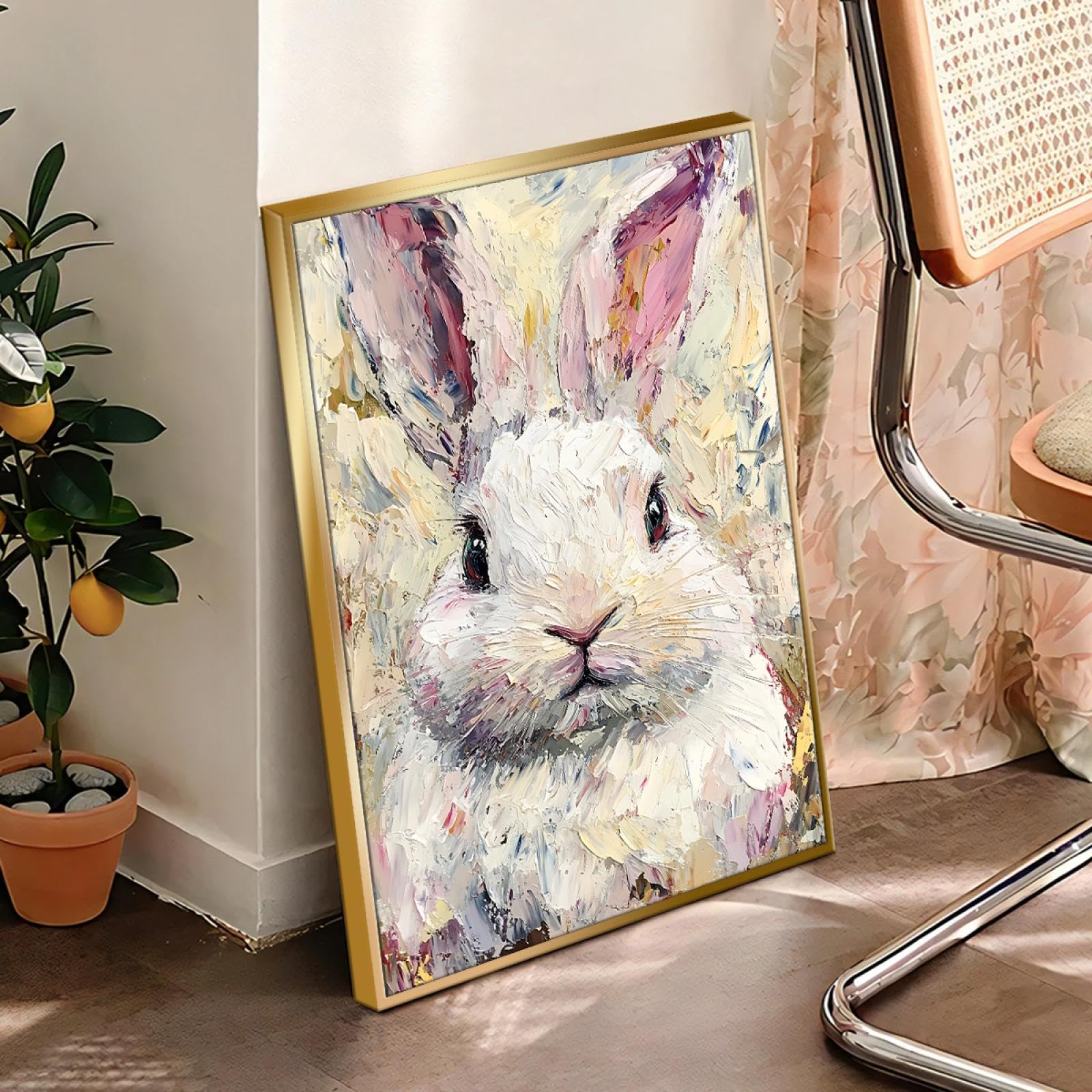 Via Vela Toile de lapin art mural impressionniste lapin impression moderne animal oeuvre mignon aquarelle affiche peinture pour salon chambre à coucher décor 60x90cm avec cadre doré