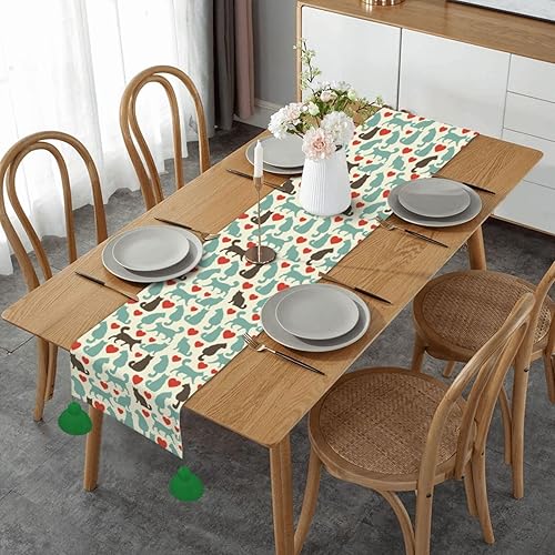 Camino de mesa de Navidad de gatitos marrones, verdes y corazón rojo, decoración de mesa de comedor, decoración de Navidad, decoración de interiores
