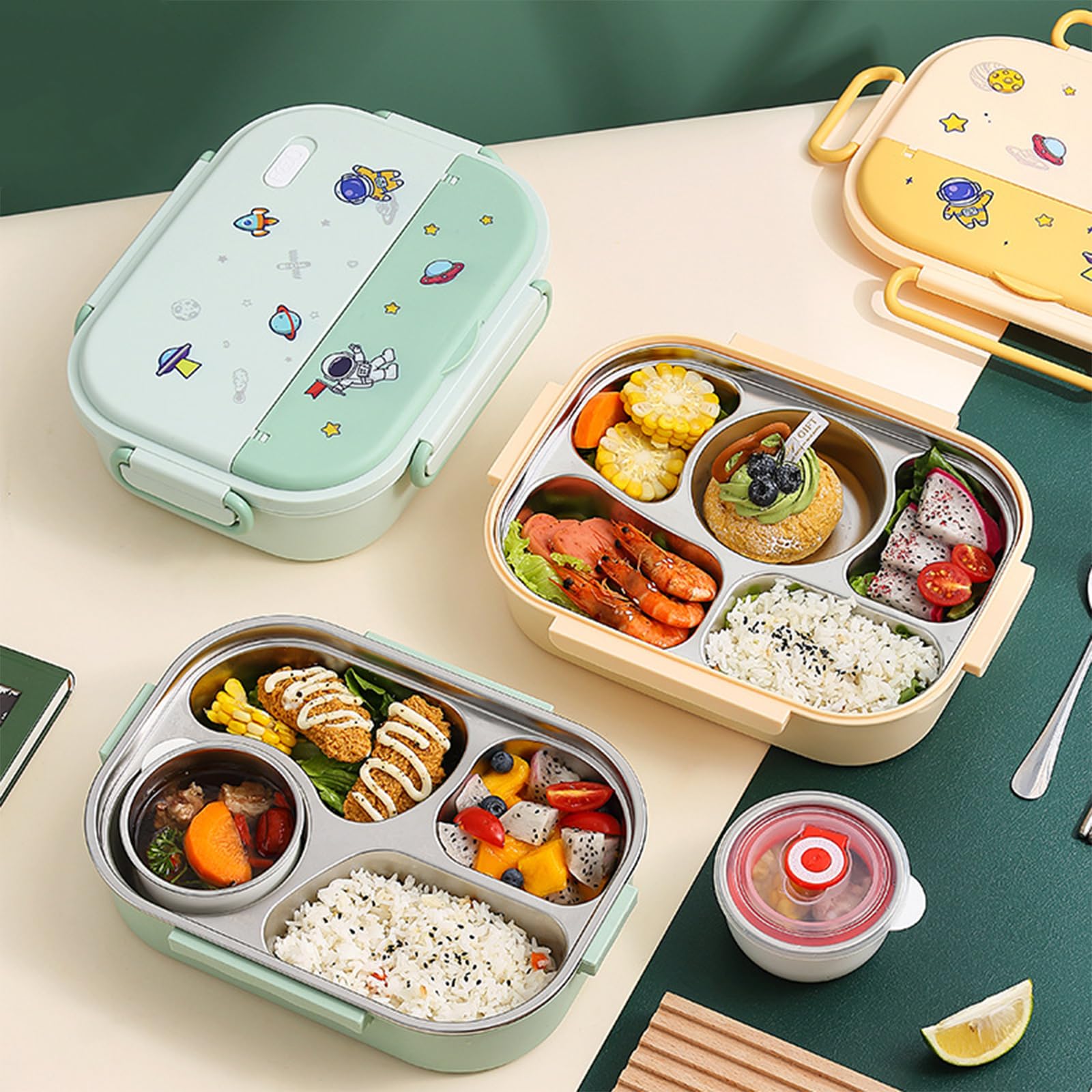 Boîte à bento pour enfants, jolie boîte à déjeuner imprimée pour l'école, récipient alimentaire à 5 compartiments (vert)