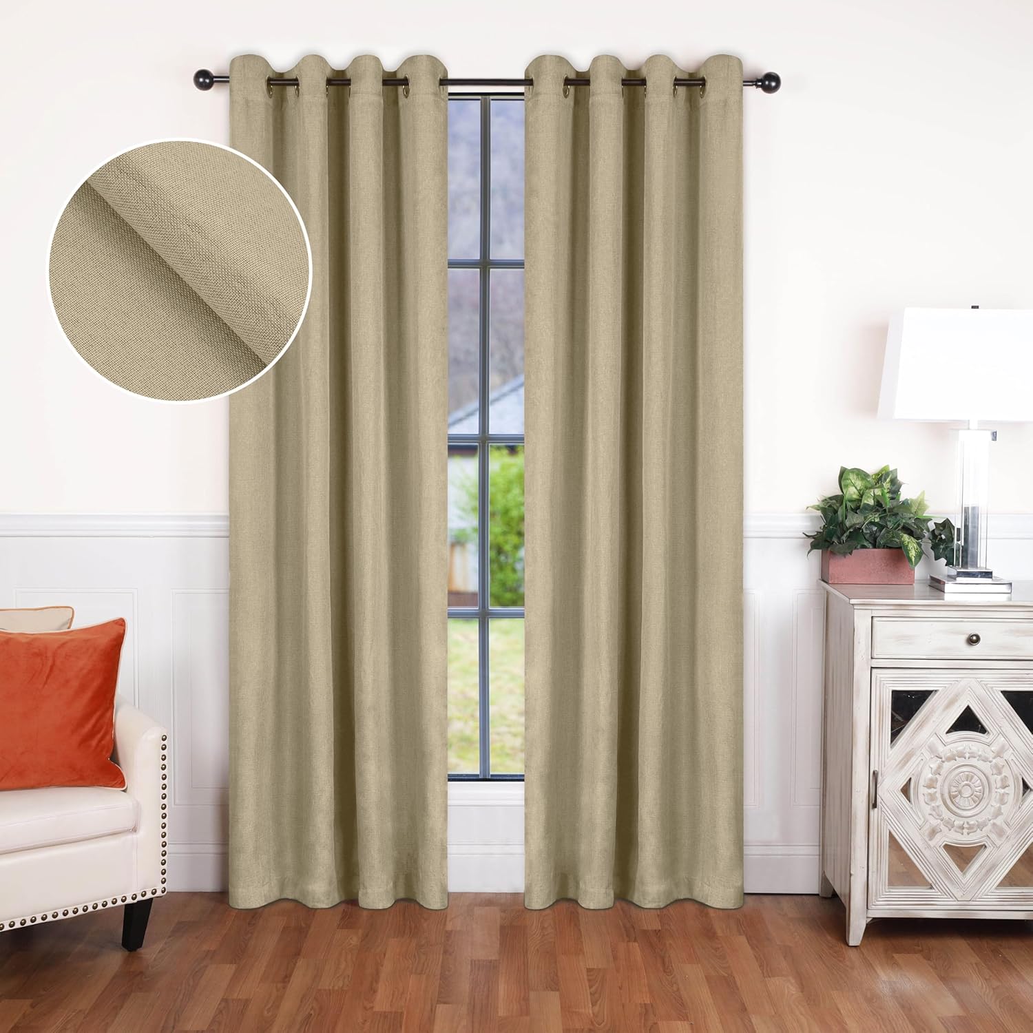 Superior Linen Textured Blackout Curtain Set of 2, Thermal Insulated Panel Pair with Grommet Top Header, Classic Natural Look Room Darkening Drapes, Available in 4 Lengths - Cream, 52”x84” each