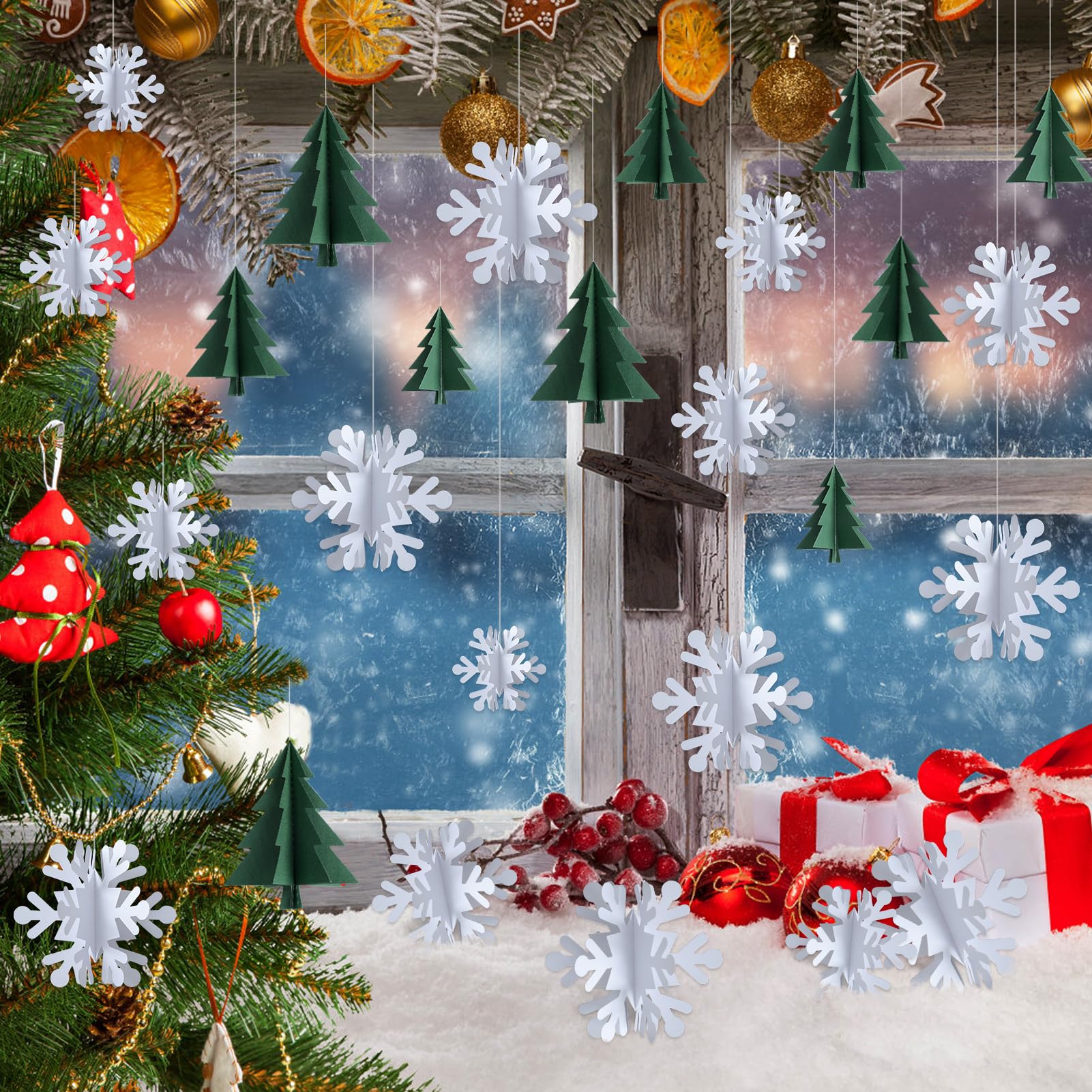LIANRISES 36 Pezzi Appendere Al Soffitto Natale, Addobbi Natalizi Da Appendere, Interno, Vortice Appeso, Albero Di Natale, Campane, Cervi, Fiocchi Di Neve, Festa Di Compleanno