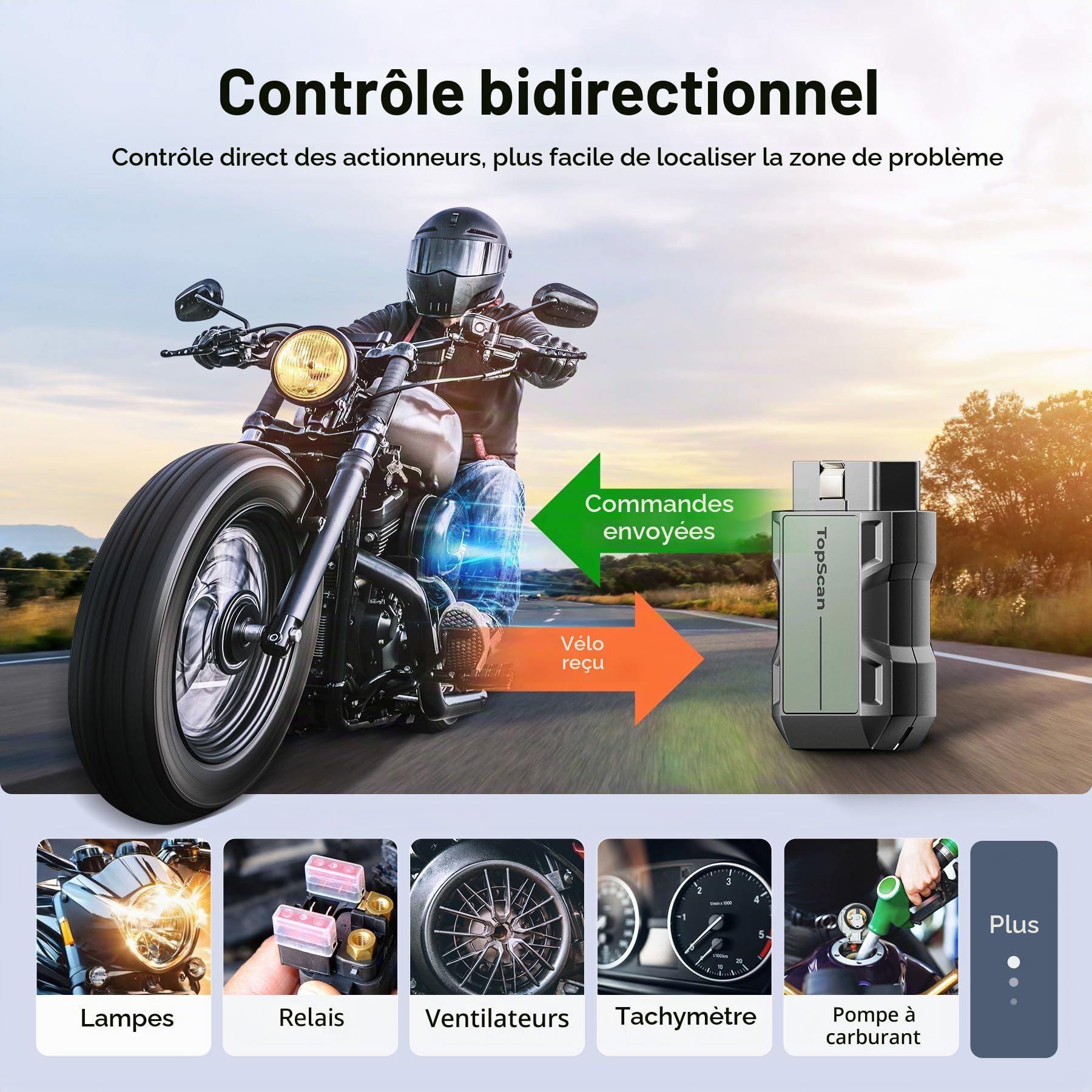 TOPDON TopScan Moto Outil de Diagnostic OBD2 pour Moto, Lecteur de Code OBD2 sans Fil Compatible avec Harley/Ducati/BMW/Kawasaki/Suzuki/Yamaha/Honda, Tous Les systèmes de Moto,Réinitialisation