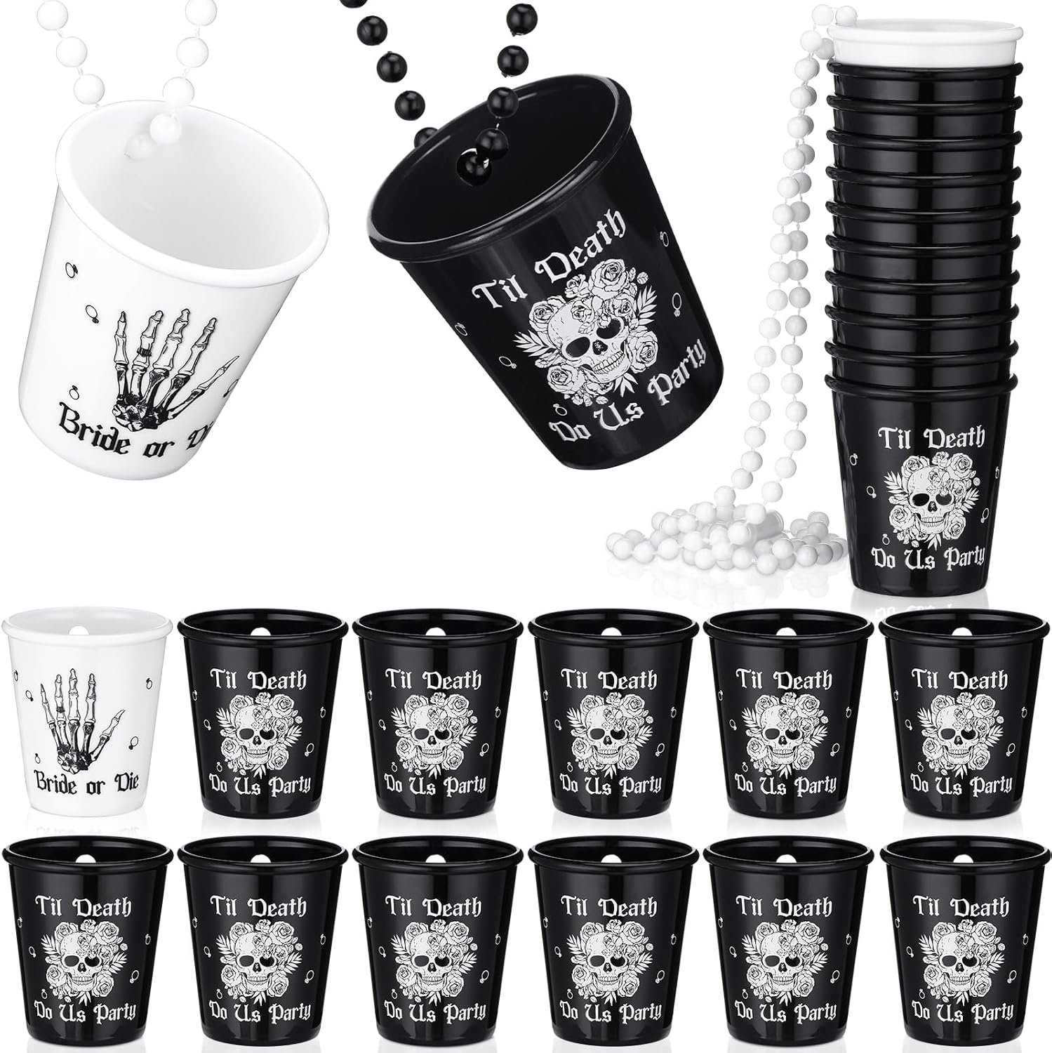 Sasylvia 12 Pcs Bride or Die Bachelorette Party Shot Glass Beaded Necklace Till Death Do Us Plastic Shot Glass Halloween Gothic Skull Cup Decor for Wedding Bridal Shower Bachelorette Party Supplies