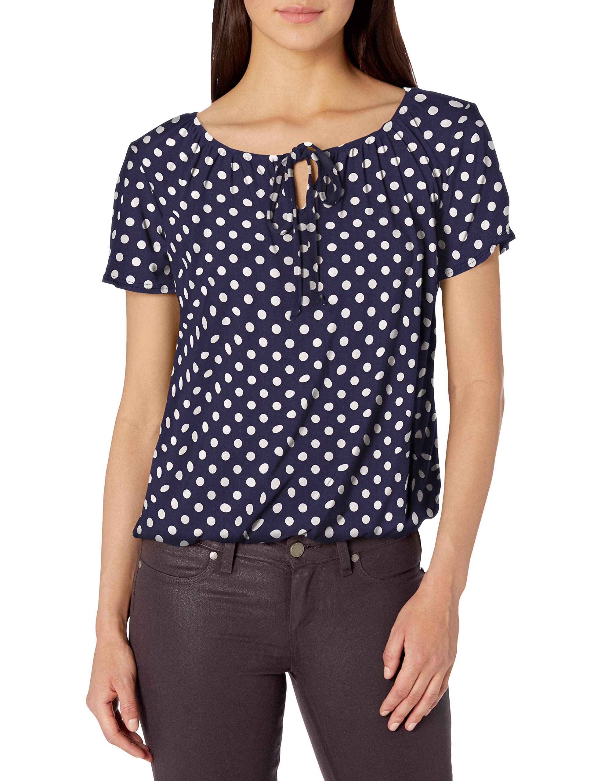 Star Vixen Women's Short/Slit Sleeve Keyhole-Tie Peasant Top Bubble Hem Blouse, Navy/White Dot, Small