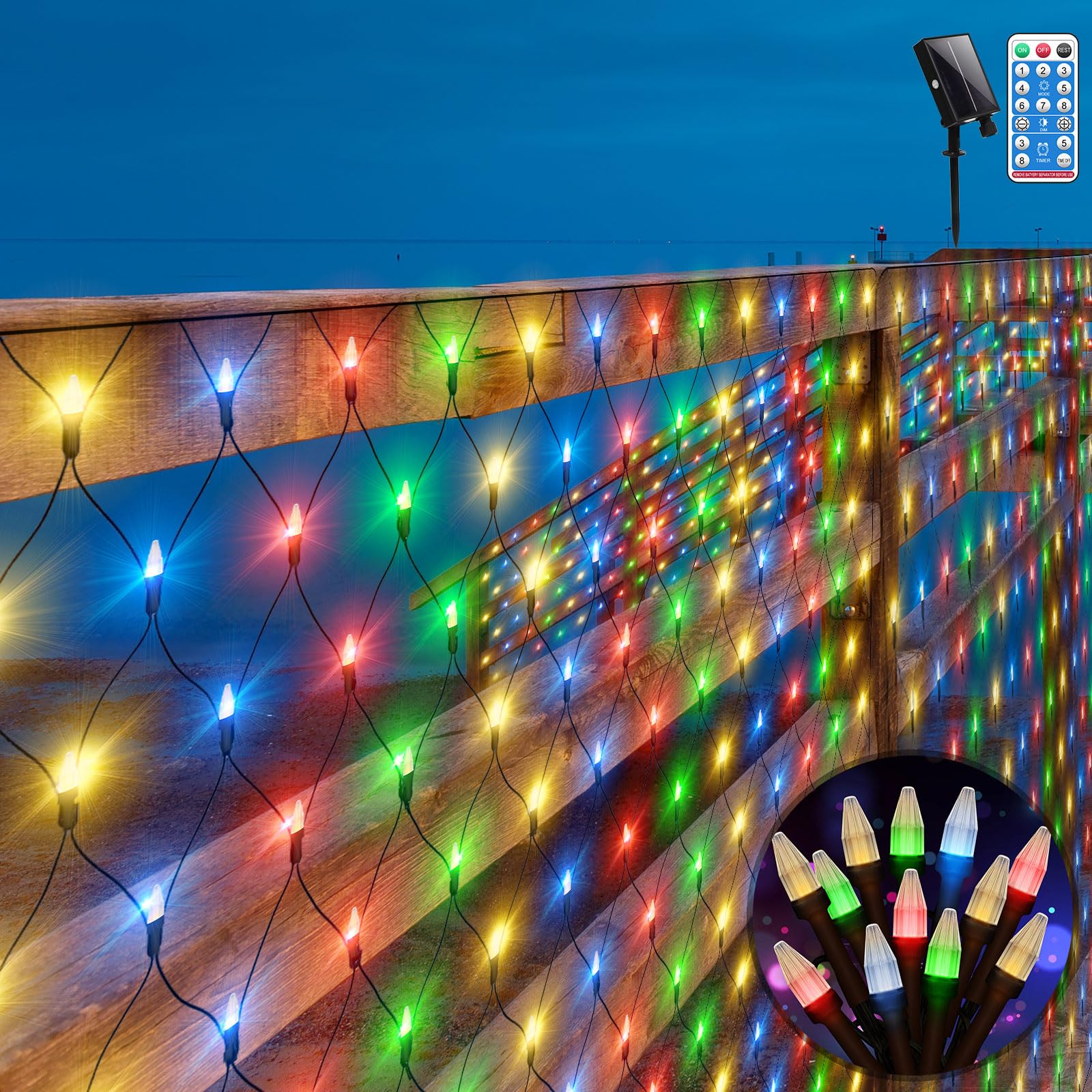 Luces solares de red para exteriores, 3 x 2 m 200 LEDs cadena, resistente al agua IP44, con 8 modos y temporizador, paraTerraza Balcón Boda Navidad Decoracion - （multicolor）