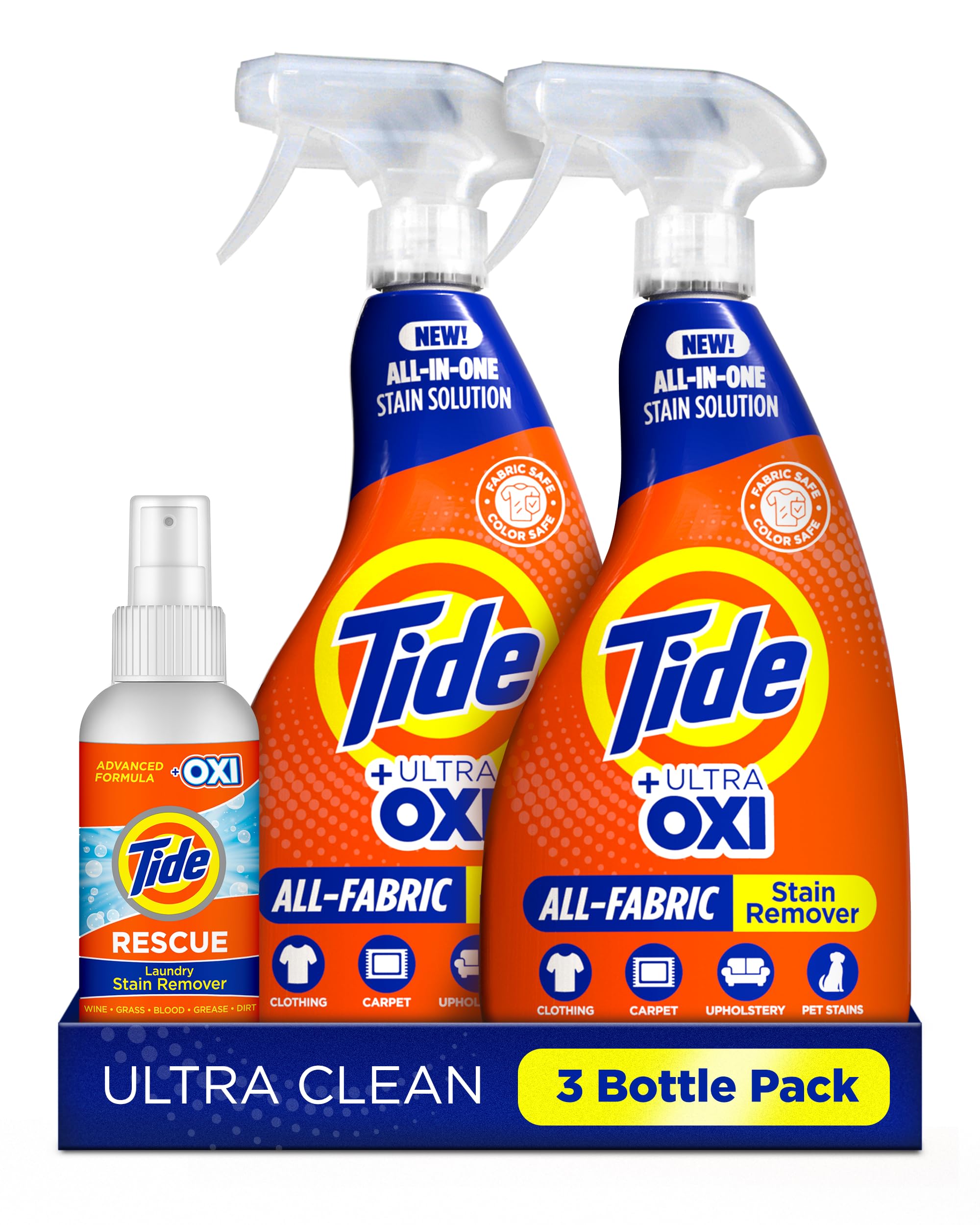 Tide Laundry Stain Remover Spray with Oxi | Stain Remover for Clothes, Carpet, Upholstery, Pet Bedding | Stain Treater Spray for Tough Stains from Wine, Coffee, Grease | 22 Fl Oz (Pack of 2) & 3 Fl Oz