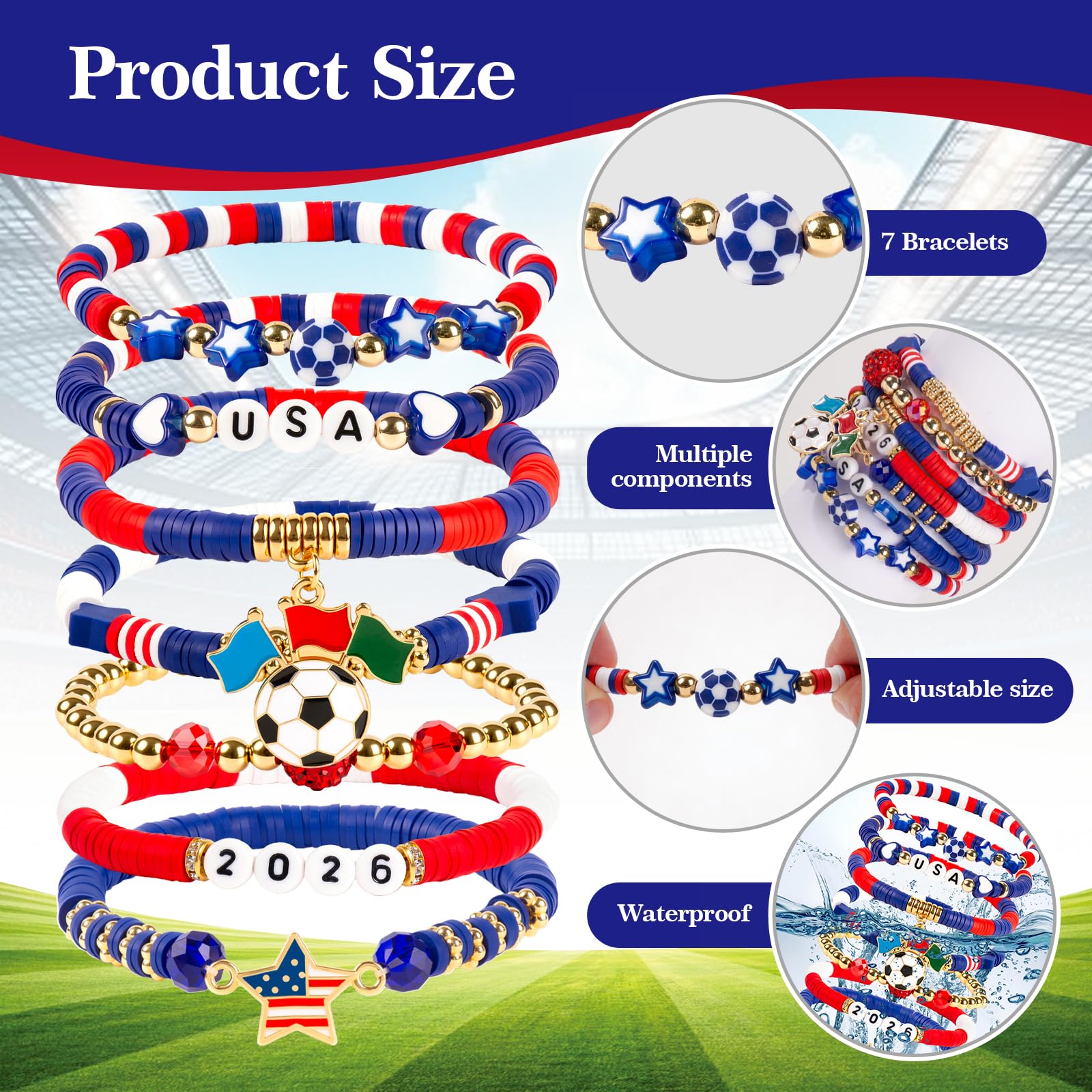 2026 Soccer Fan Gear Bracelet Set For Women Souvenirs, National Flag & Soccer Charms Heishi Bead Jewelry Outfits Clothes Styling Accessories For Party Gifts - 3