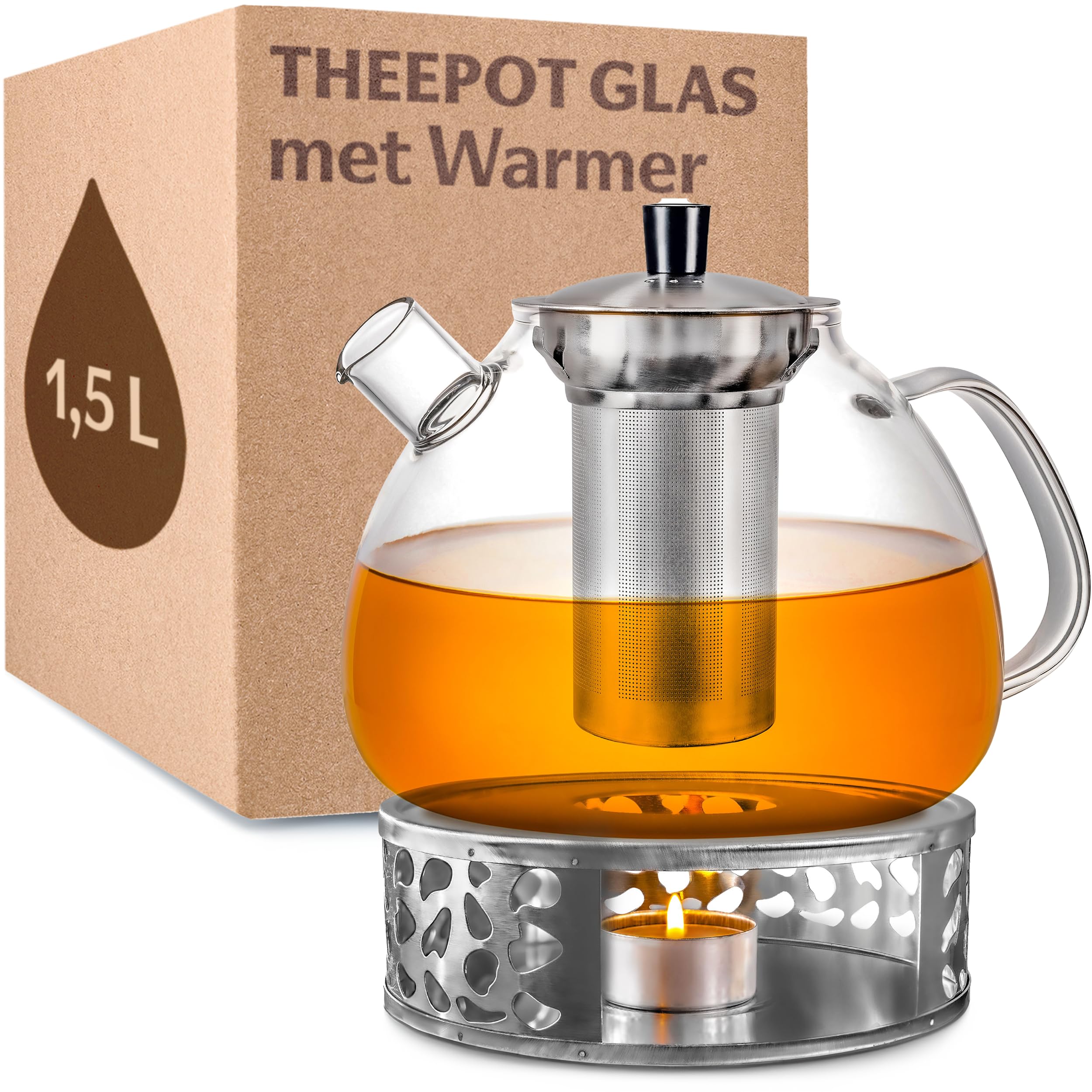 Premium Theepot Glas met Filter - 1.25L - Geel - Isolerend - Lekt niet