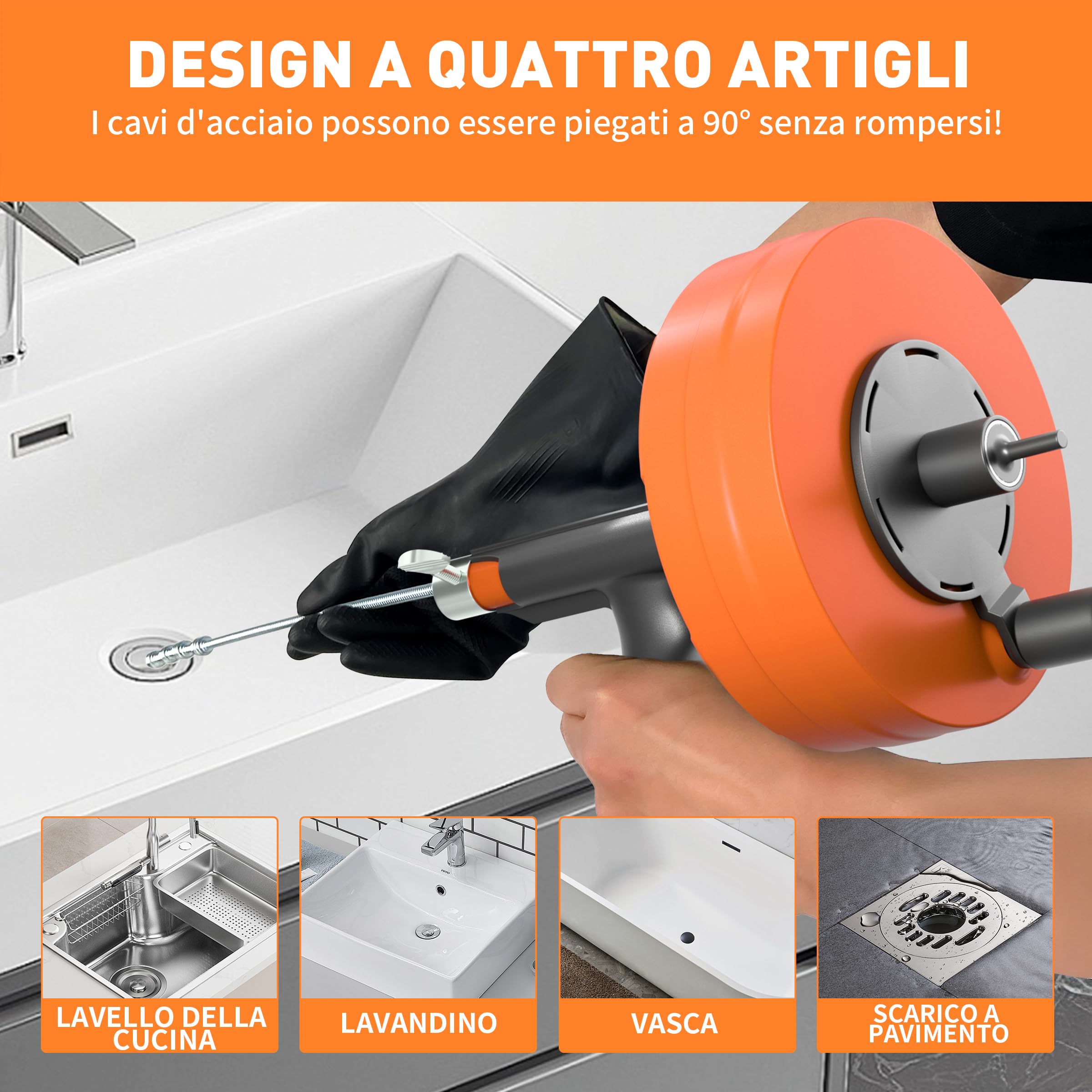 BACOENG Sonda Sturatubi 15 M, Molla Sturatubi Professionale per Lavandini e Scarichi, Sonda Idraulica Flessibile per Cucina, Bagno, WC, Arancione