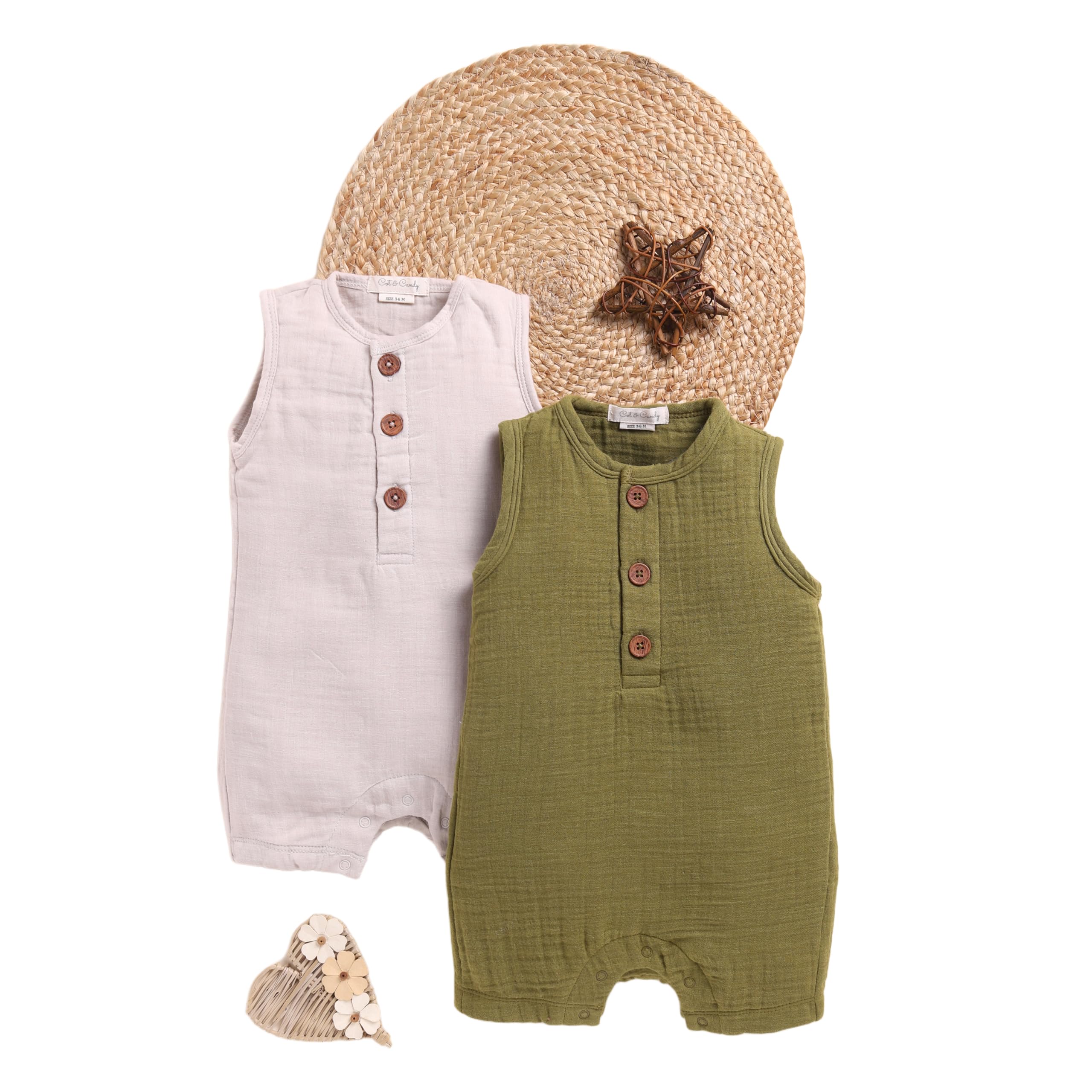 Cot & Candy Baby Organic Muslin Half Romper Pack Of 2-Oatmeal + Olive-image-41