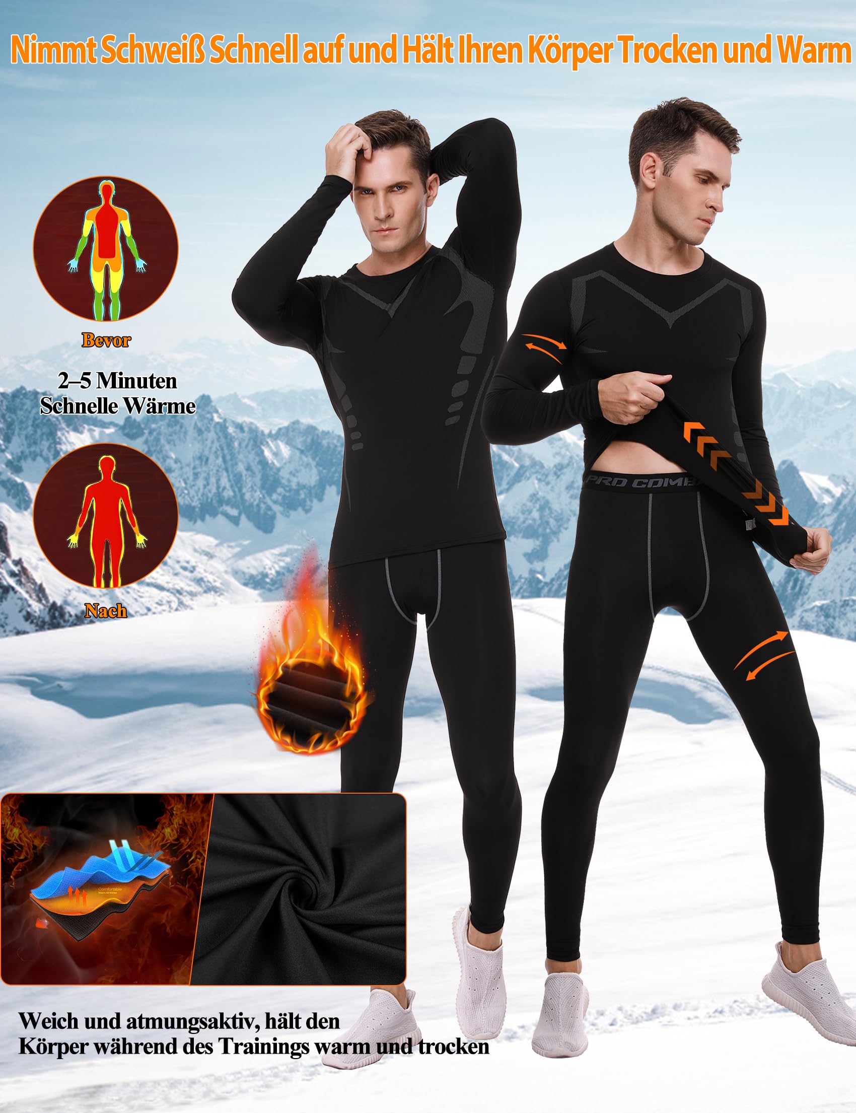 Terecey Thermounterwäsche Herren Winter Thermo Unterwäsche Set Fussball Funktionsunterwäsche Innenfleece Skiunterwäsche, Atmungsaktiv Schweiß Absorbieren zum Radfahren, Laufen, Jagen