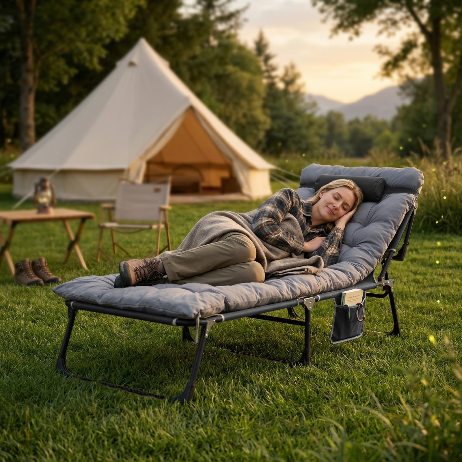 Warmiehomy Übergroße Campingbett, Sonnenliege mit Matratze & Kissen bis 200 kg, 4-Fach verstellbare Rückenlehne, Klappbares Bett, Angelstuhl, Campingbett für Garten, Strand, Sonnenbaden, Reisen, Grau