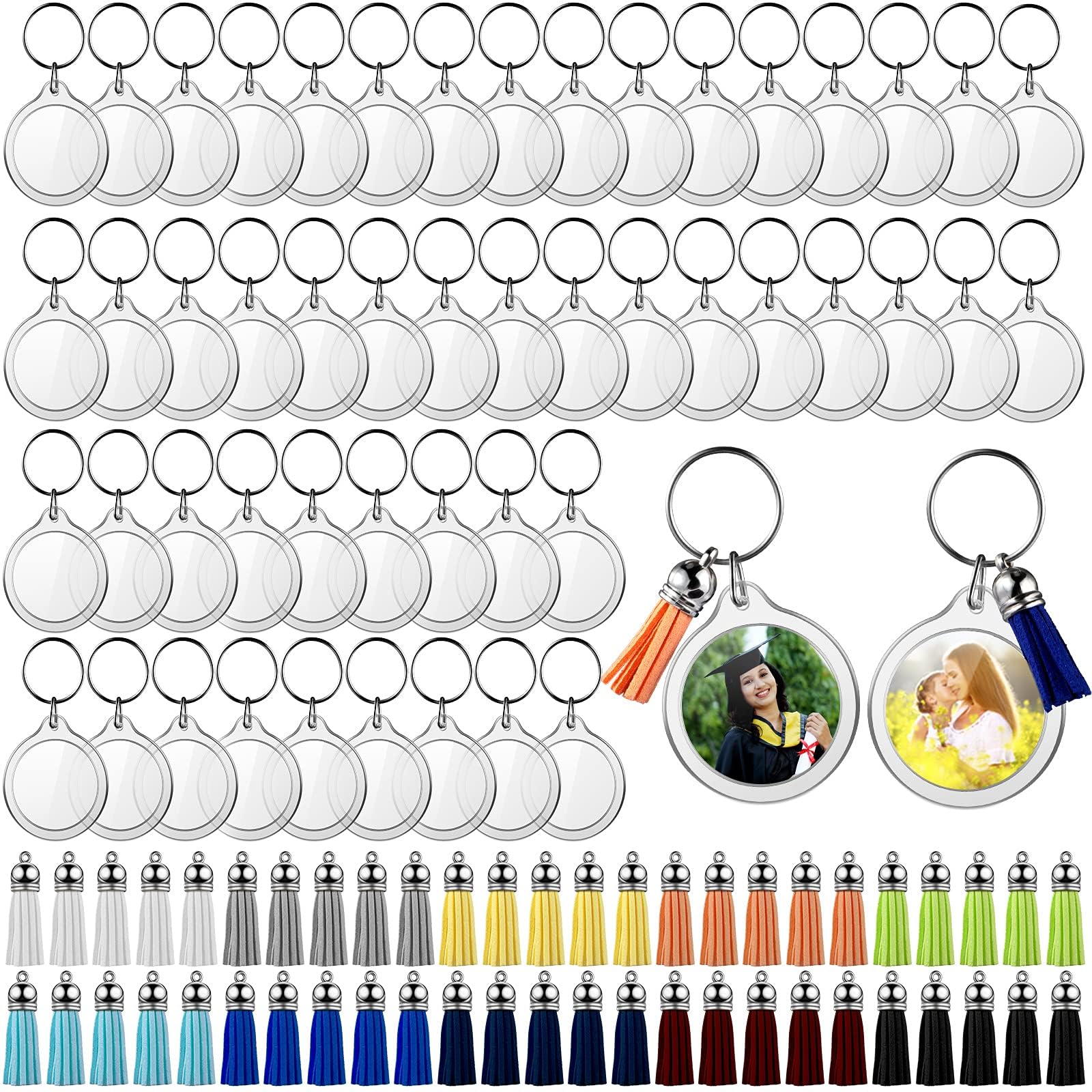 50Pcs Acrylic Photo Frame Keychain with Tassels, Snap-In Custom Insert Photo Keyring, Clear Blank Picture Keyring, Colorful Tassel Keychain