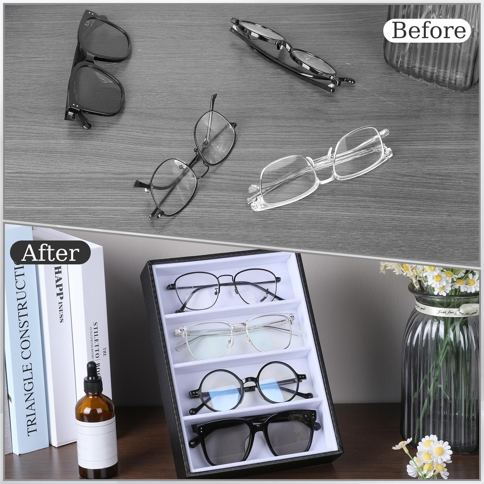 Expositor para Gafas de Sol Soporte For Gafas, Bandeja De Almacenamiento 4 Rejillas con Retráctil Marco de Gafas de Escritorio
