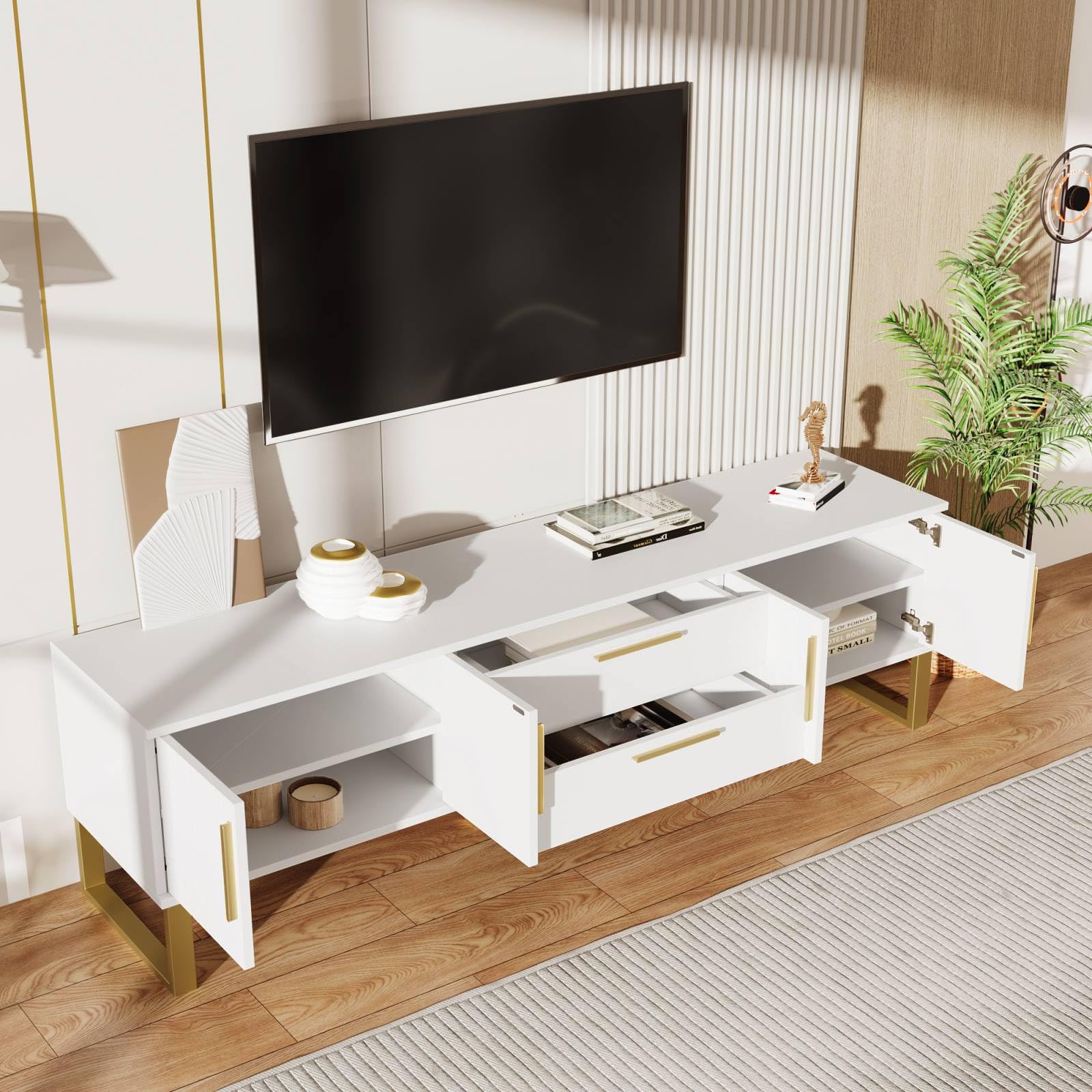 Meuble TV Blanc Avec Bordure Dorée - 200x40x40 Cm, 3 Tiroirs à Ouverture Par Pression - Rangement élégant Pour Salon