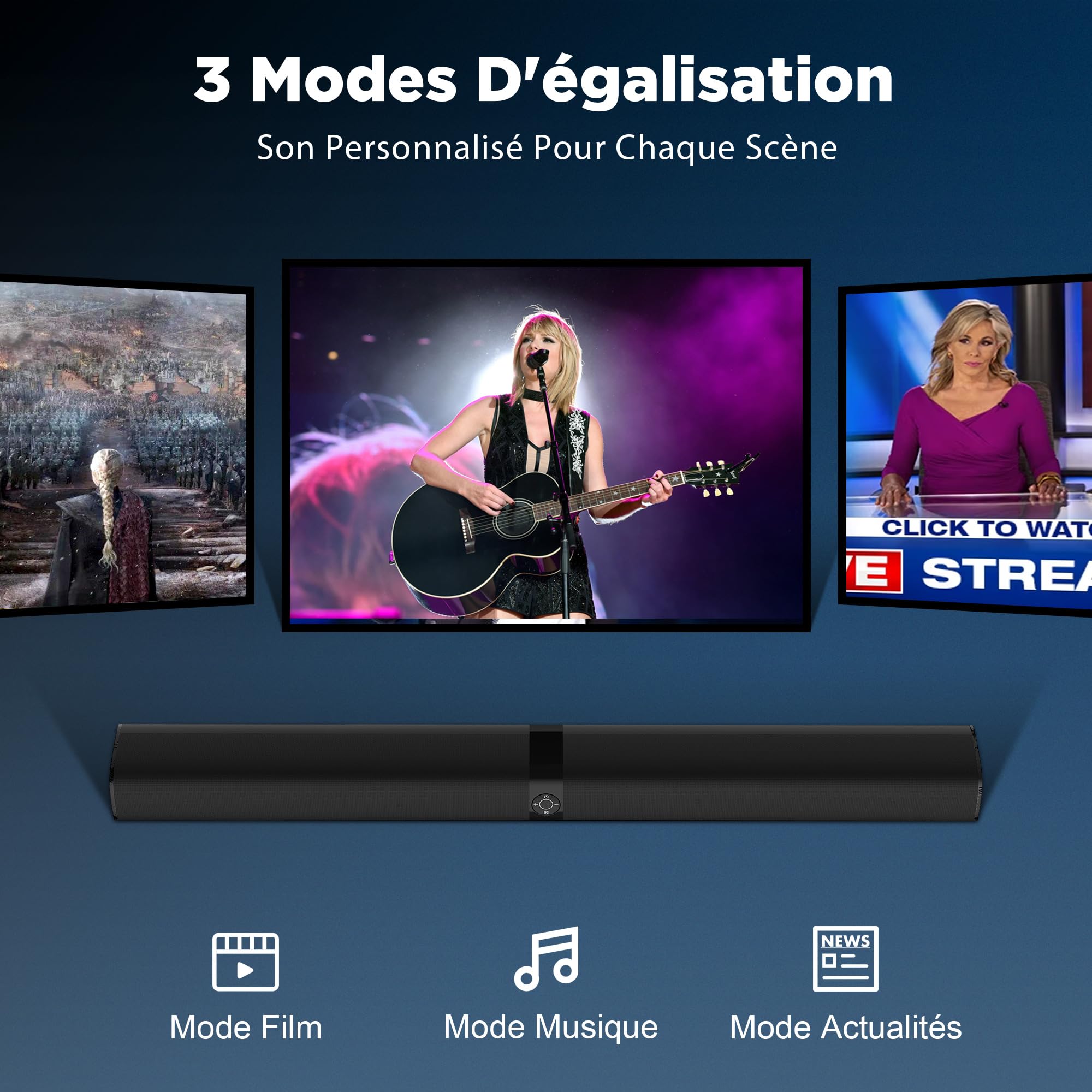 GarageRock Barre de Son TV 2 en 1 Divisible, Haut-parleurs Stéréo avec 3 Modes d'Égalisation, Arc/Opt/AUX