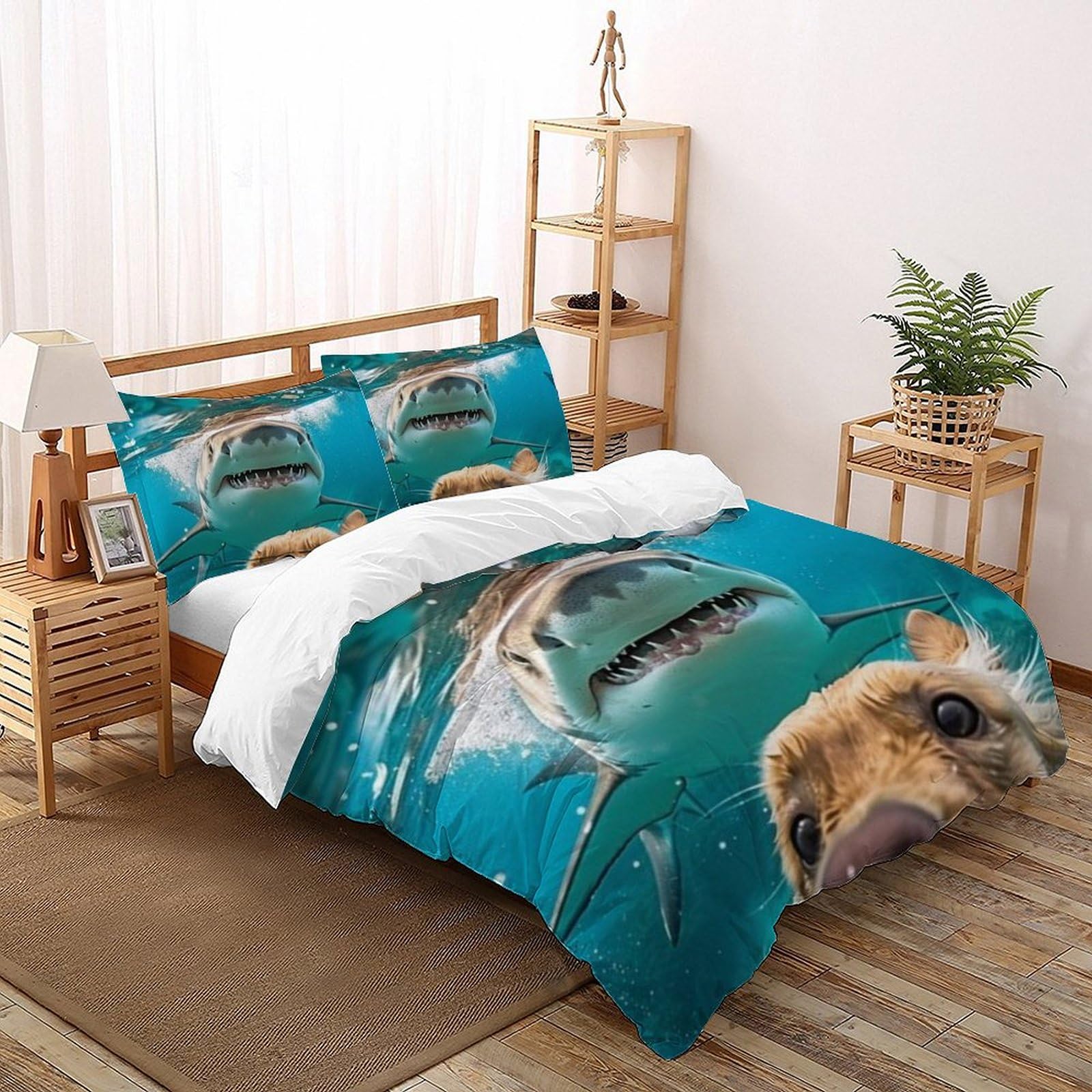 Housse de couette requin 260x220 imprimé animal marin fermeture éclair