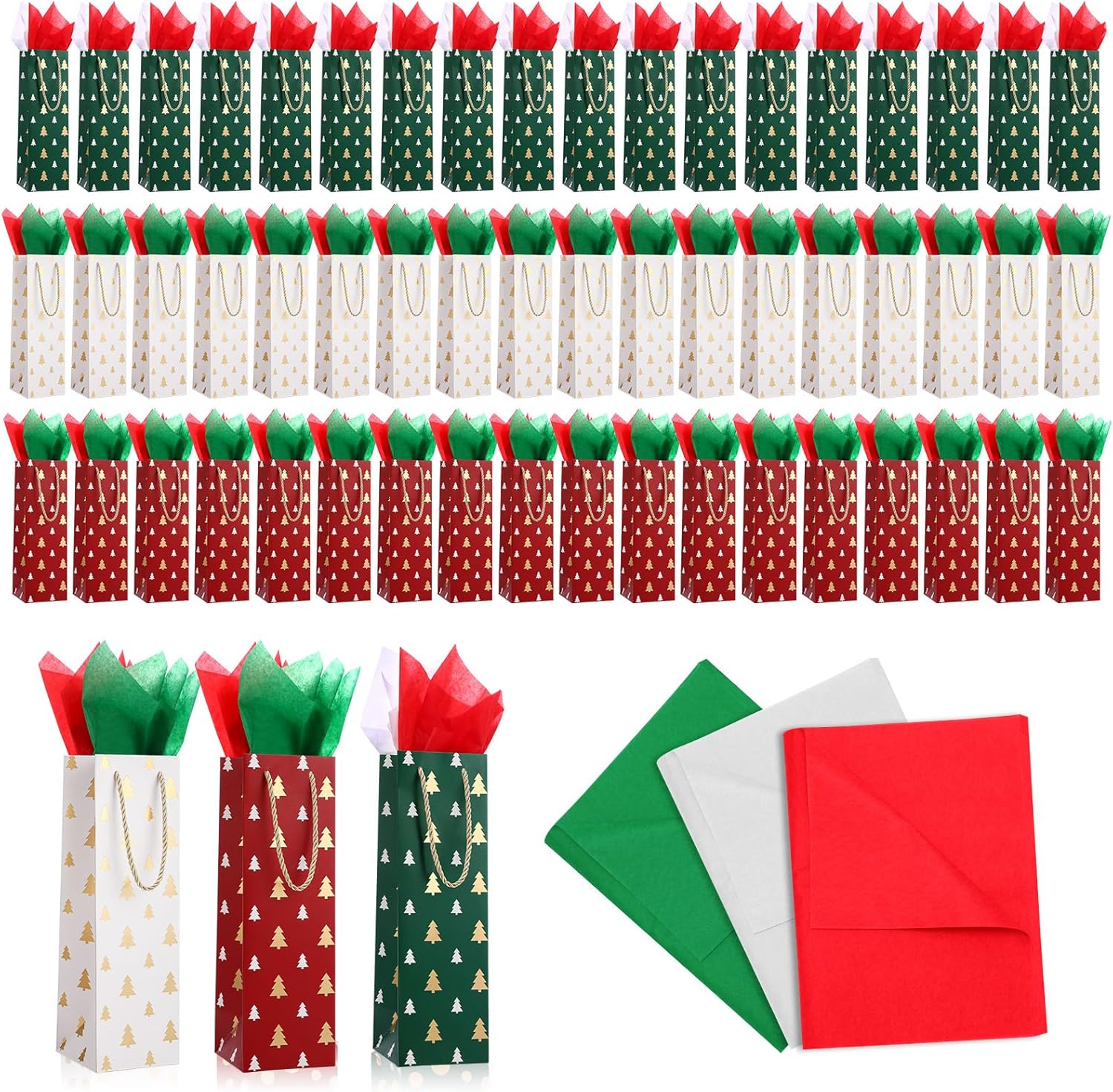 Woanger 60 Pieces Christmas Wine Gift Bags Bulk Red Green White Holiday Wine Bottle Bags with Handles and 300 Tissue Paper for Whiskey Spirits Drinks Xmas Winter Party Gift Wrapping Supplies(Tree)