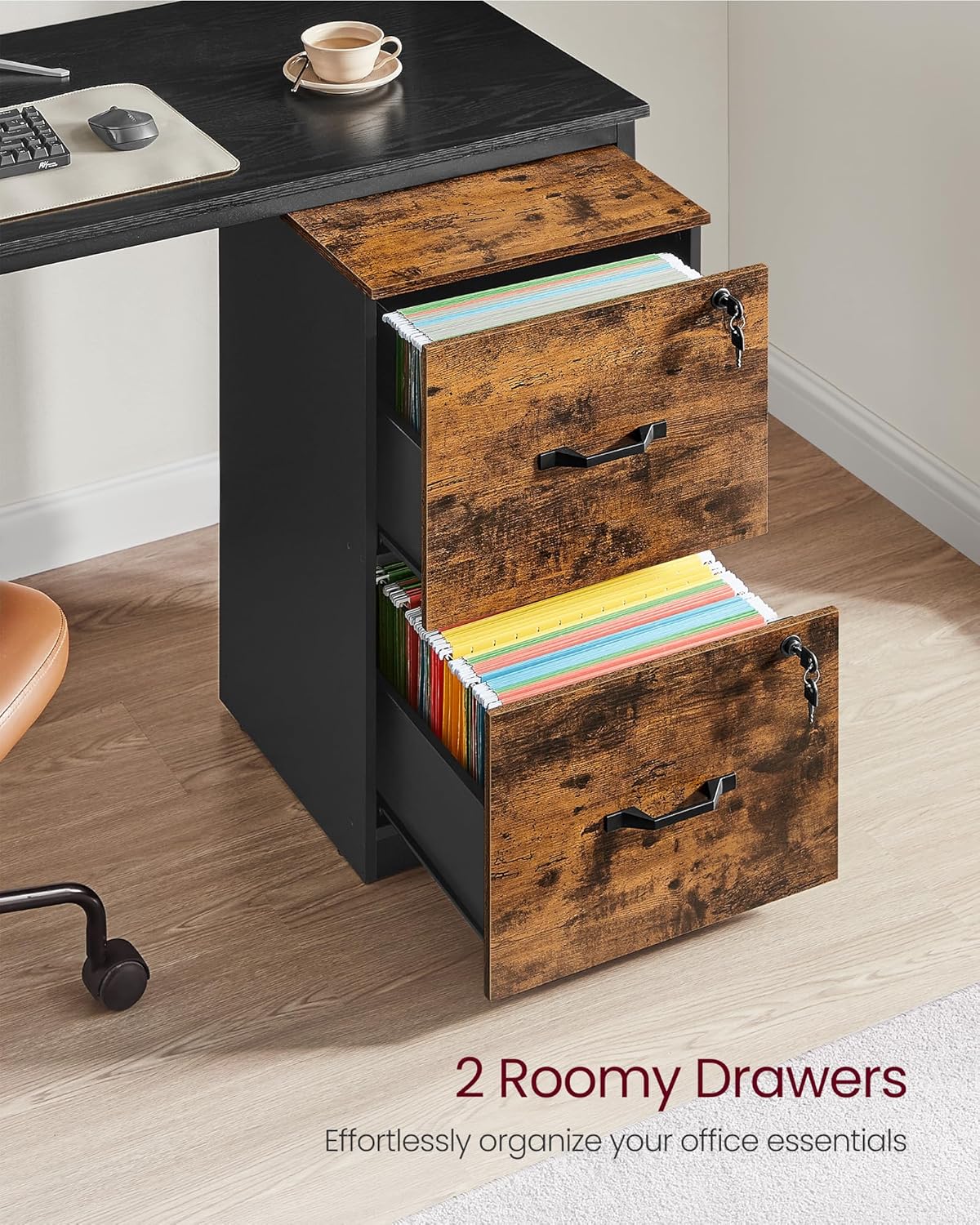 VASAGLE 2 Drawers File Cabinet with Lock, Printer Stand, Office Filing Cabinet Organizer, for A4 and Letter Size Documents, Rustic Brown and Ink Black UOFC061B01
