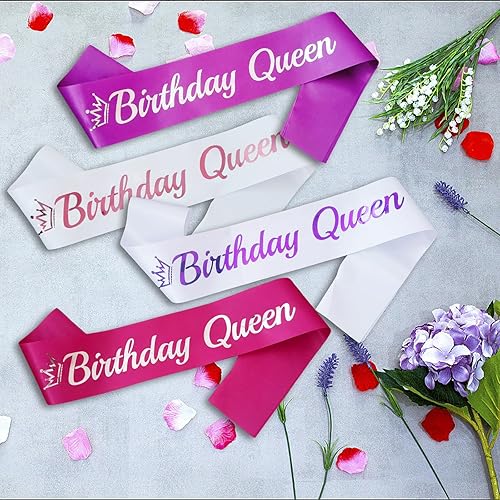 Miniatura 4 de Banda de cumpleaños Queen blanca, banda de cumpleaños de papel de aluminio morado para mujer, divertidas decoraciones de fiesta de cumpleaños, ideas
