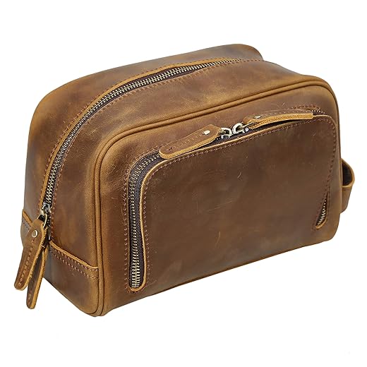 Polare Vintage Full Grain Leather Handmade Travel Toiletry Bag for Men - Dopp Kit - Shaving Kit with YKK Metal Zippers