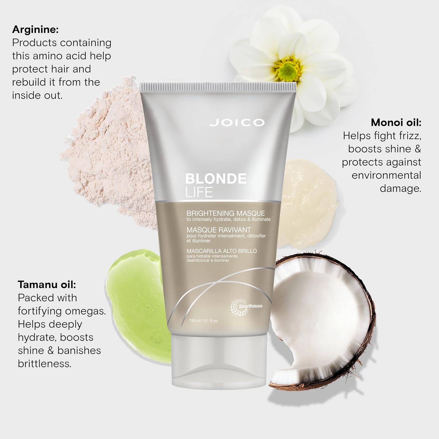 Joico Blonde Life Brightening Masque | For Blonde Hair | Instant Hydration | Neutralize Chlorine & Detoxify Hair | Add Softness & Smoothness | Sulfate Free | Fortified With Monoi & Tamanu Oil