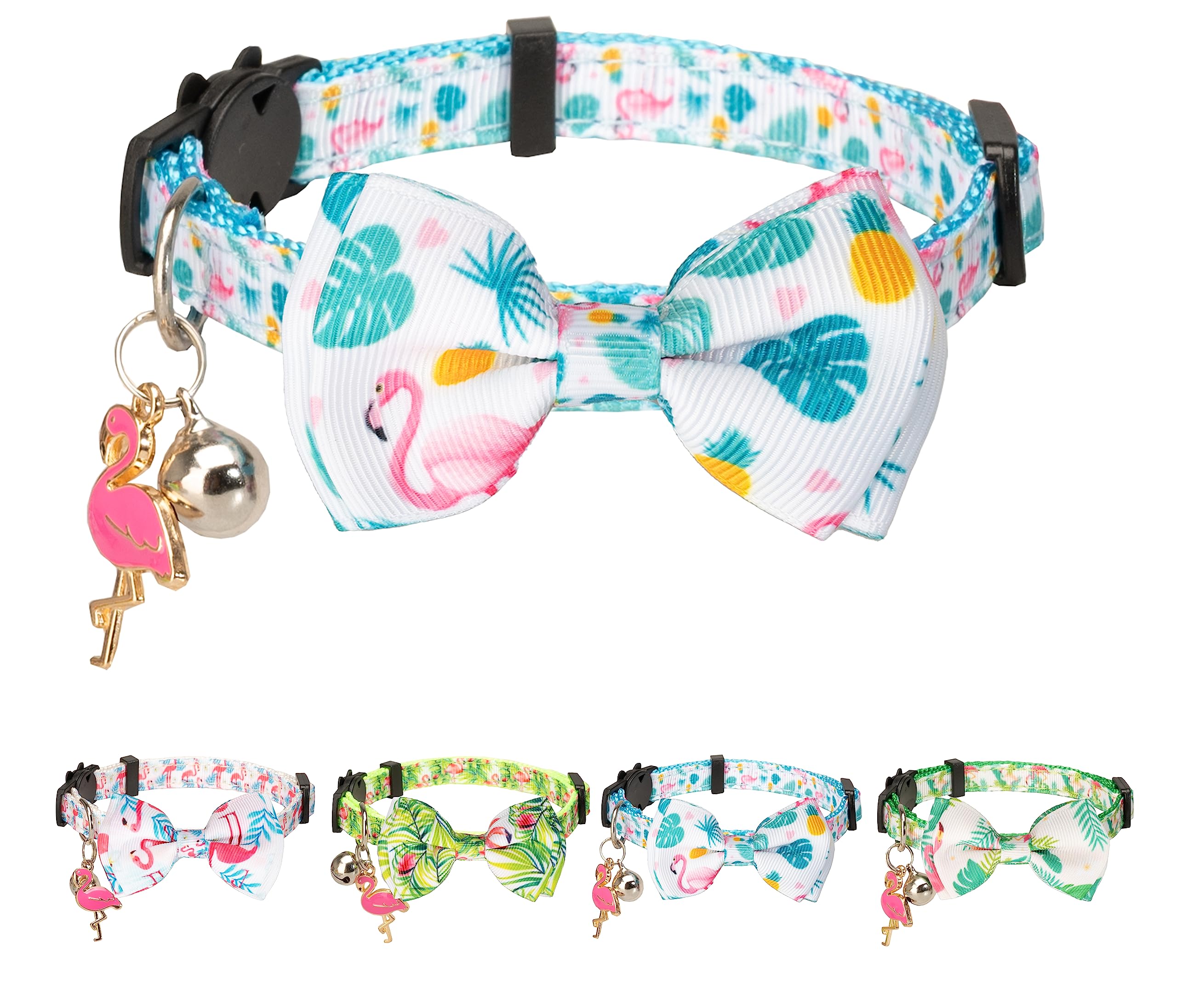 Gyapet Cat Collar with Bow Tie Pink Flamingo Bell Pendant Charm Safety Detachable Cute Kitten Forest Tropic Leaf Plant Pattern Flamingo D