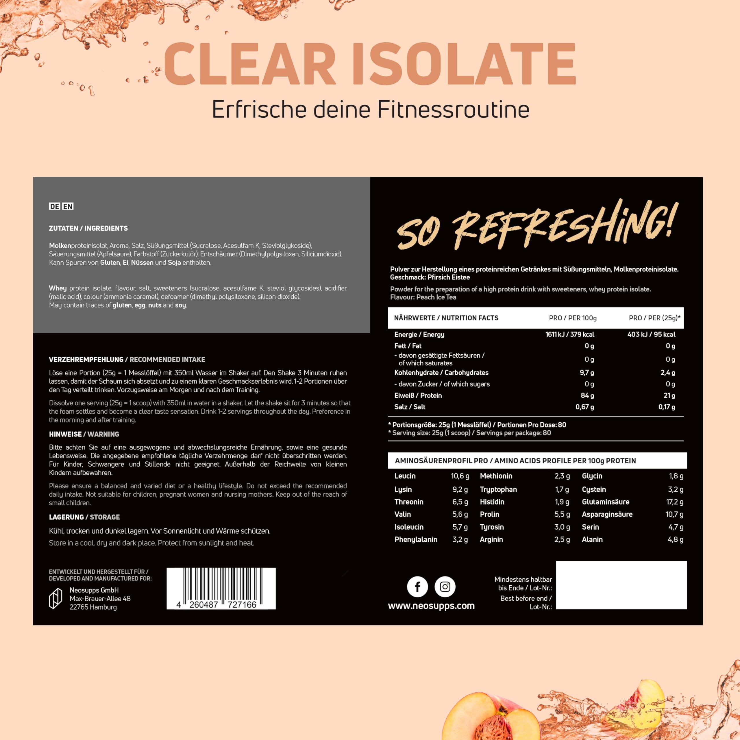 NEOSUPPS Clear Whey Isolate Peach Ice Tea 2000g, Made in Germany, Leichtes wasserlösliches Whey Isolat Protein Pulver, perfekte Alternative zu Limo & Fruchtsäften, Hochwertiger Molkenprotein Isolat