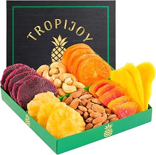 TropiJoy 7 Tropical Dried Fruit & Nuts Gift Basket - Vegan Ramadan Purim Gifts, 12.5oz Soft Mango Dragon Fruit Tray