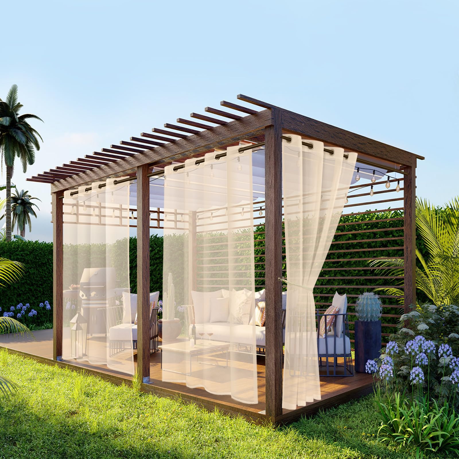 BTTO Waterproof Outdoor Sheer Curtains for Patio,4 Panels Transparent Grommet Curtains Voile Curtains for Porch, Pergola, Cabana