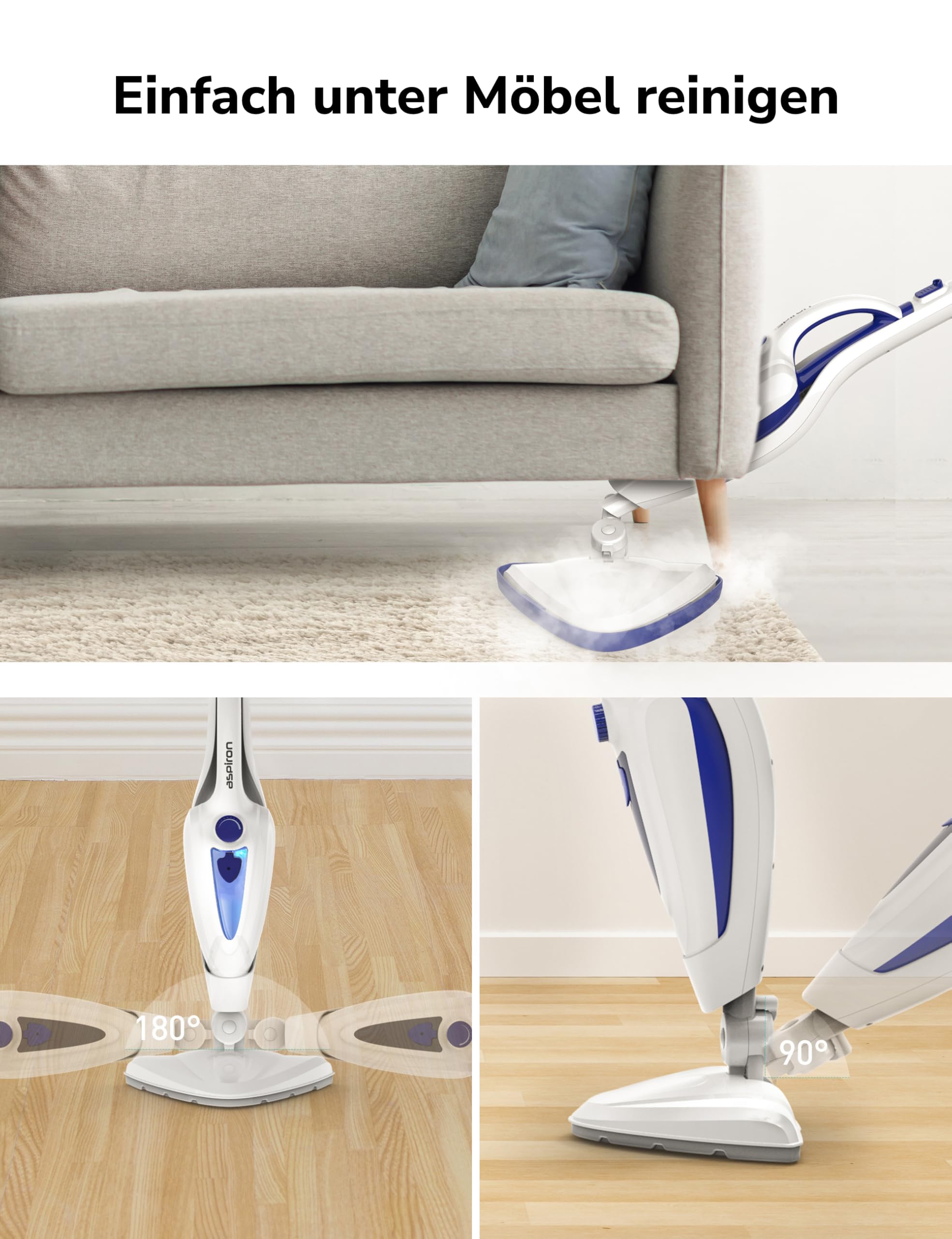 12-in-1 Dampfreiniger Bodenreiniger, 1500W Steam Mop mit Handgerät, 15 Sek. Schnellaufheizung, 30g/min Dampf, entfernt 99,99% Schmutz, für Fliesen, Laminat, Fenster, Sofa, Kleidung, Haushalt