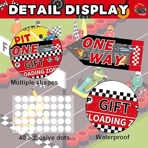 Miniatura 8 de Hooqict 20 piezas de decoración de fiesta de coche de carreras, letreros direccionales para fiestas de coches de carreras, suministros de fiesta de