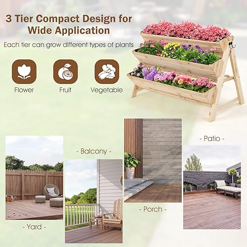 Miniatura 4 de Giantex Cama de jardín elevada, maceta vertical con estante de almacenamiento, maceta elevada de 3 niveles con ganchos laterales, cama de jardín de