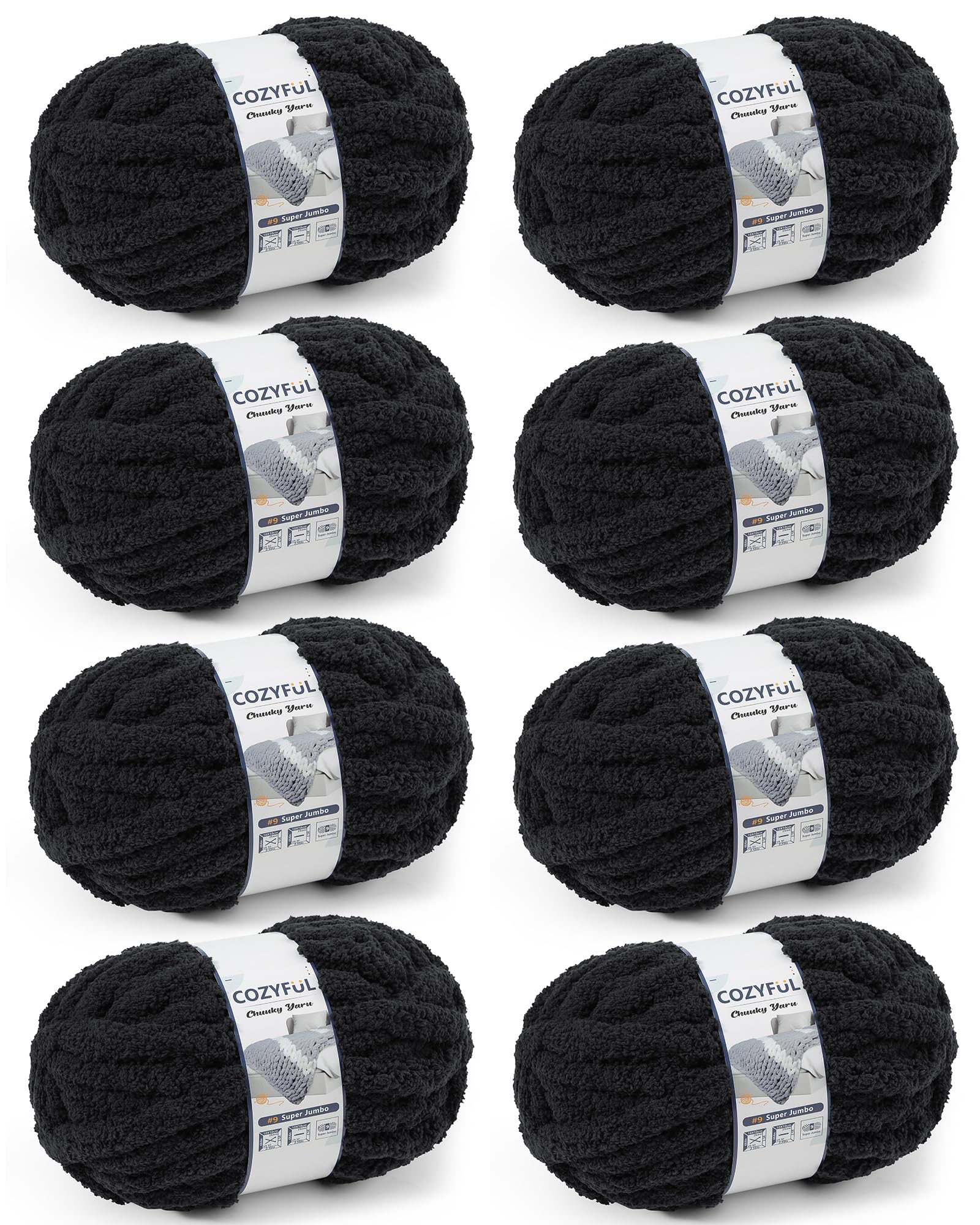 Cozyful Chunky Yarn for Hand Knitting, #9 Thick Jumbo Big Chunky Yarn for Crocheting, Super Chunky Knit Blanket Yarns, Large Chunky Chenille Yarns, 8 Pack (30 yds 8 oz Each Skein), Black
