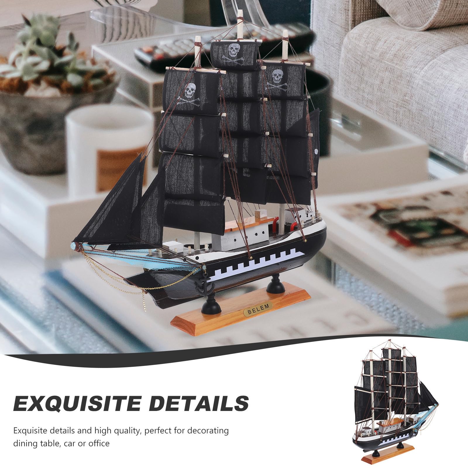WOONEKY Modello di Barca a Vela Pirata in Legno Nero 33cm per Decorazioni Nautiche Uniche per Vacanze Estive e Arredamento Casa