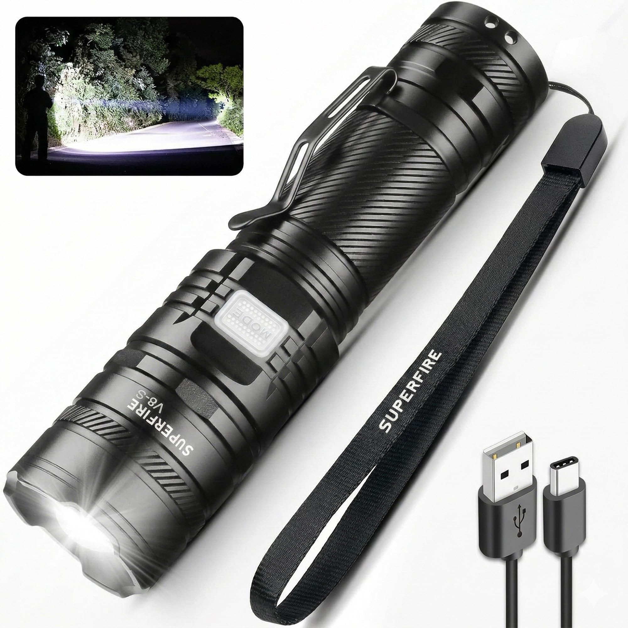- Tactical Flashlight Rechargeable, USB-C 2300 Lumens LED Flashlight with Zoom, 5 Modes, IP46 Waterproof for Camping, Emergency & Power Outages