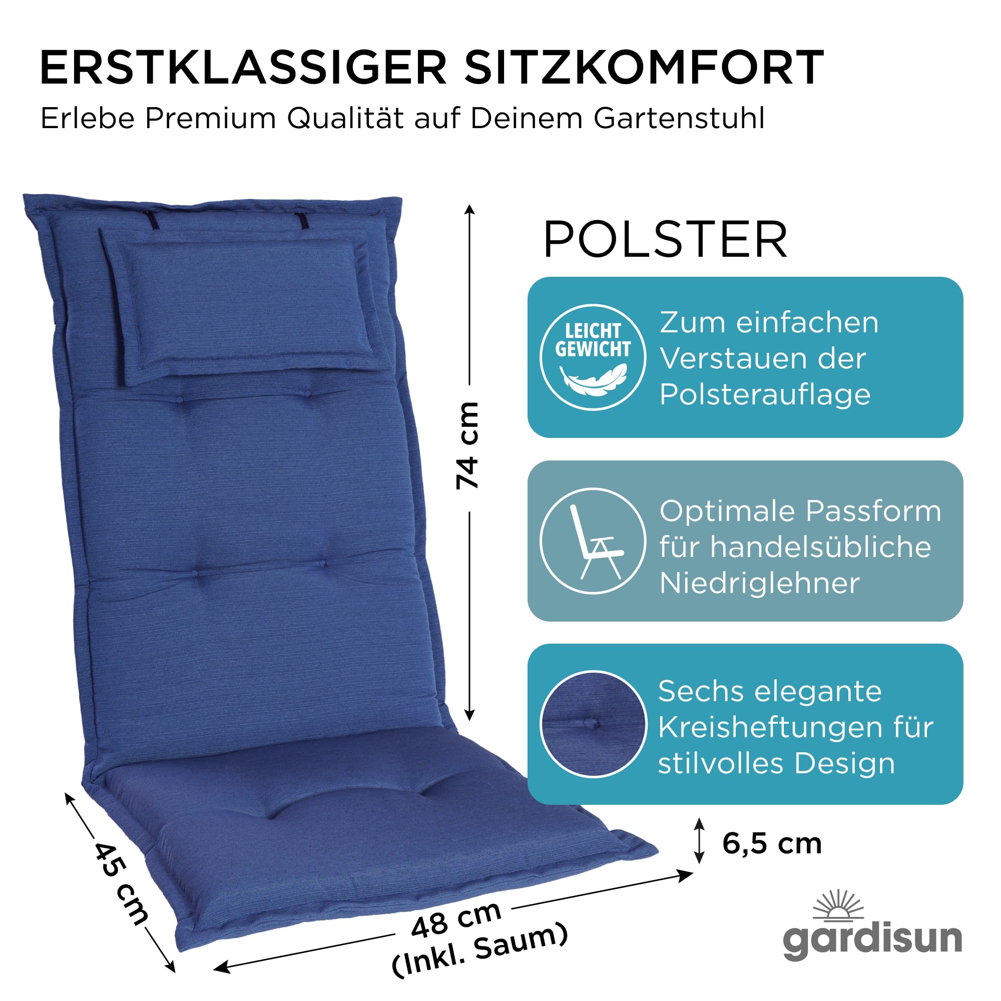 Gartenstuhlauflagen Hochlehner mit Kopfteil, 2er Set, Blau | Extra Dicke Sitzauflagen, Made in Europe, Polsterauflagen für Hochlehner, Auflagen mit extra hohem Komfort